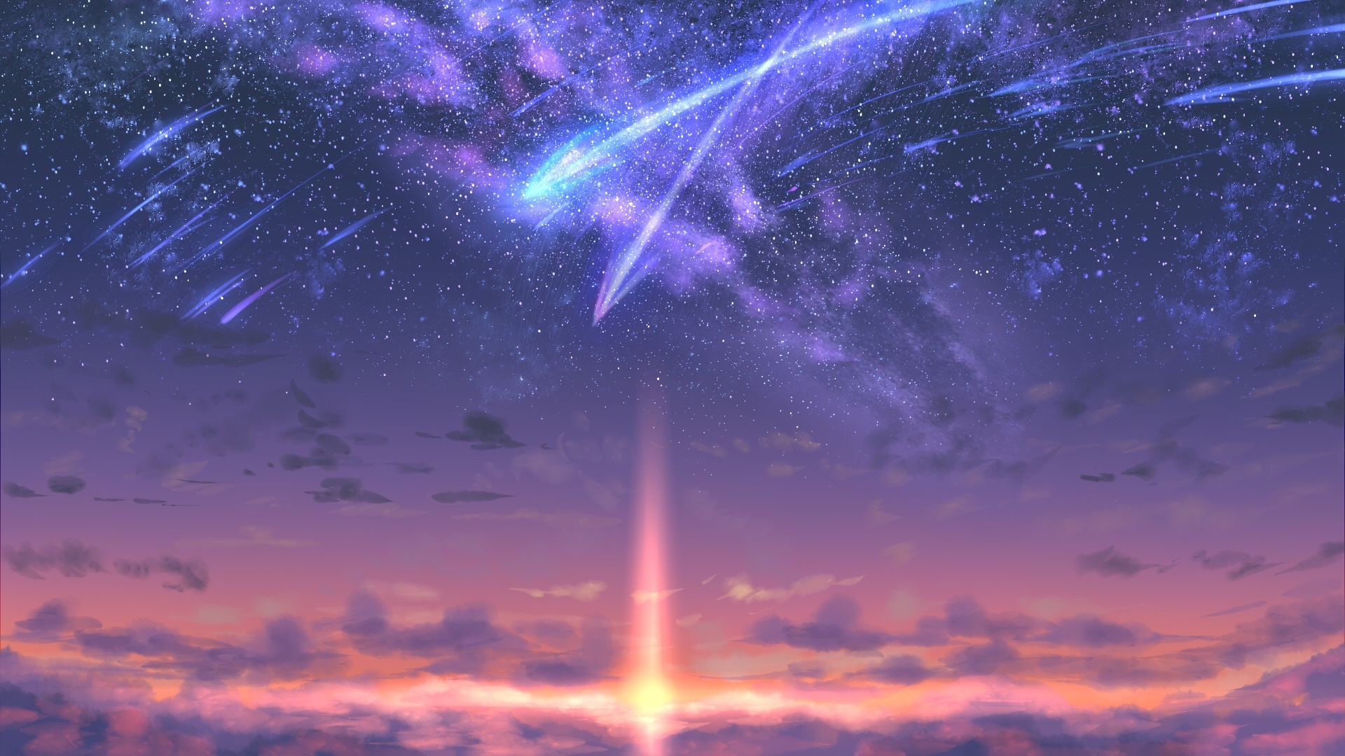 Anime Sky with Shooting Stars and Sunset Clouds HD Wallpaper