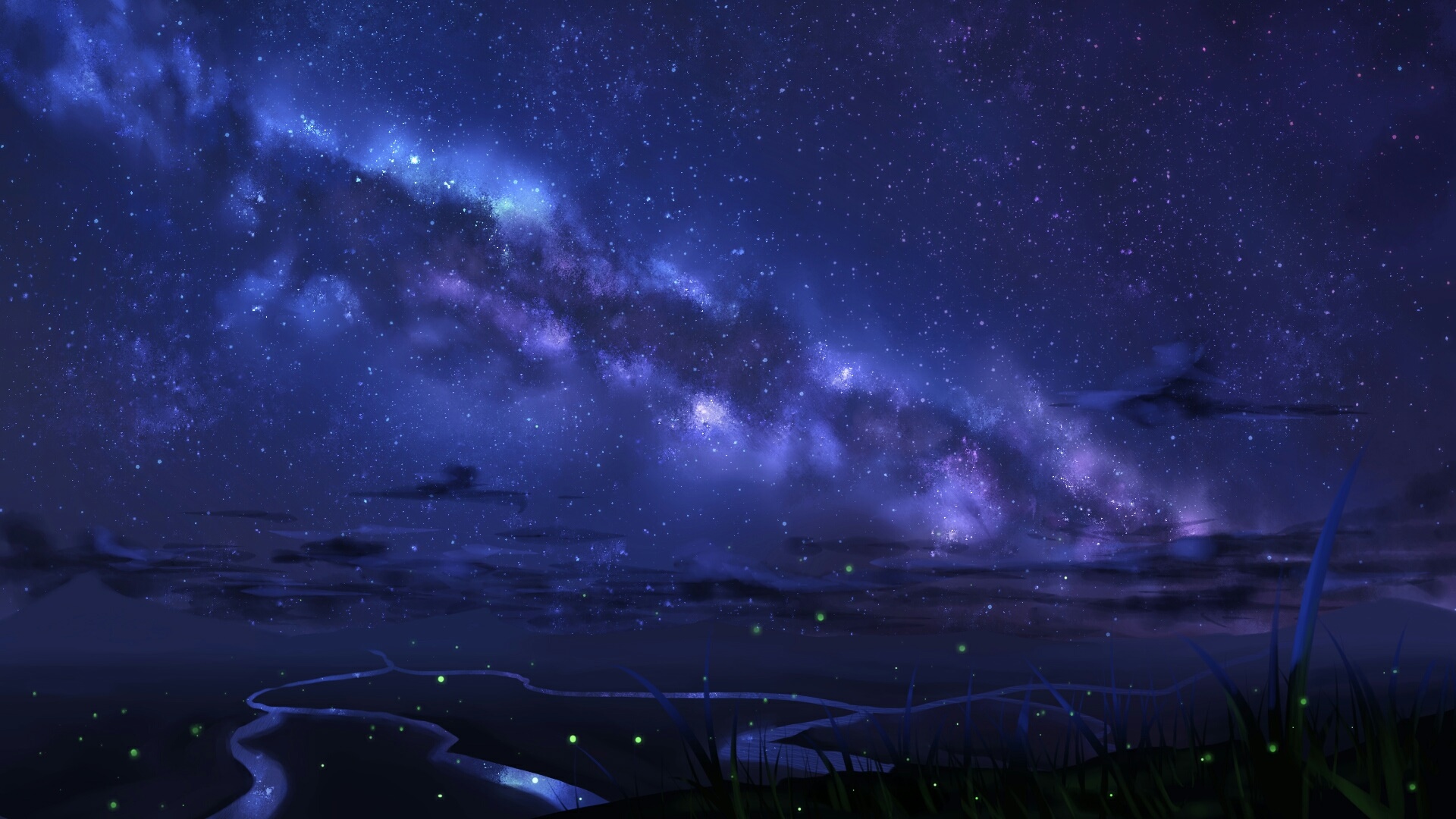 Night sky with Milky Way and fireflies HD Wallpaper