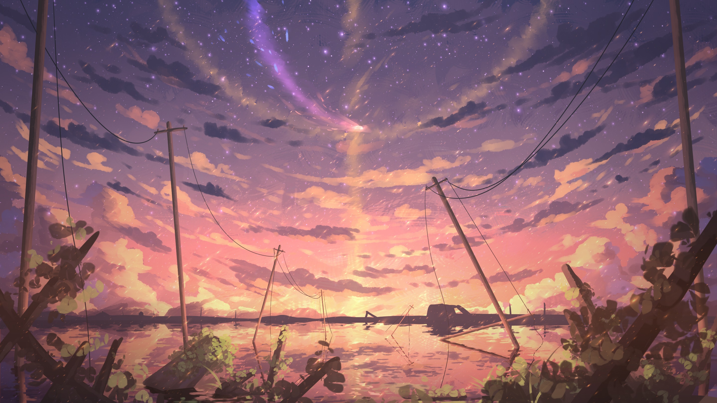 Anime sky with clouds and stars over water HD Wallpaper