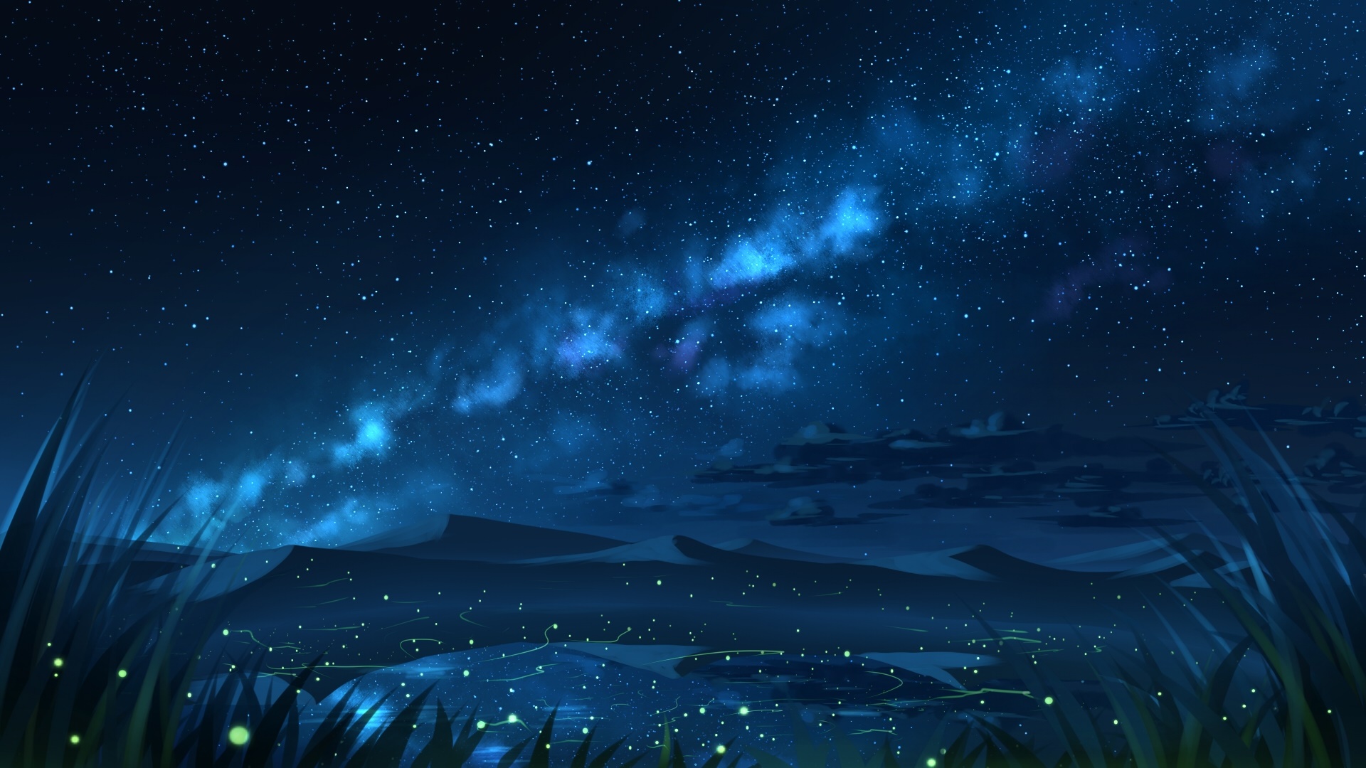 Night sky with Milky Way and fireflies HD Wallpaper