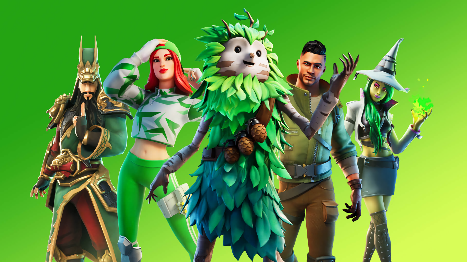 Fortnite characters in green outfits HD Wallpaper