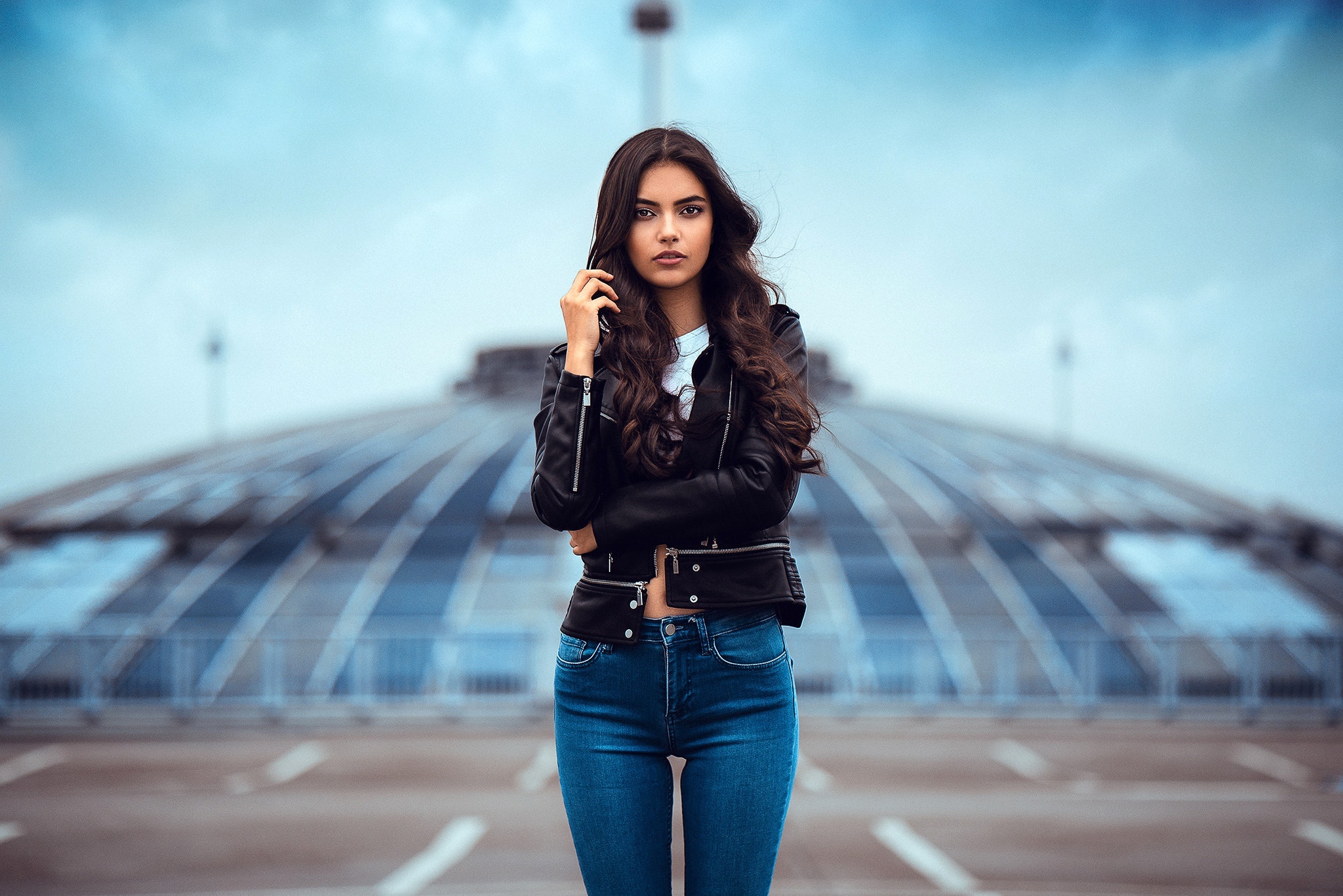 Laura Theresa in Leather Jacket and Jeans HD Wallpaper