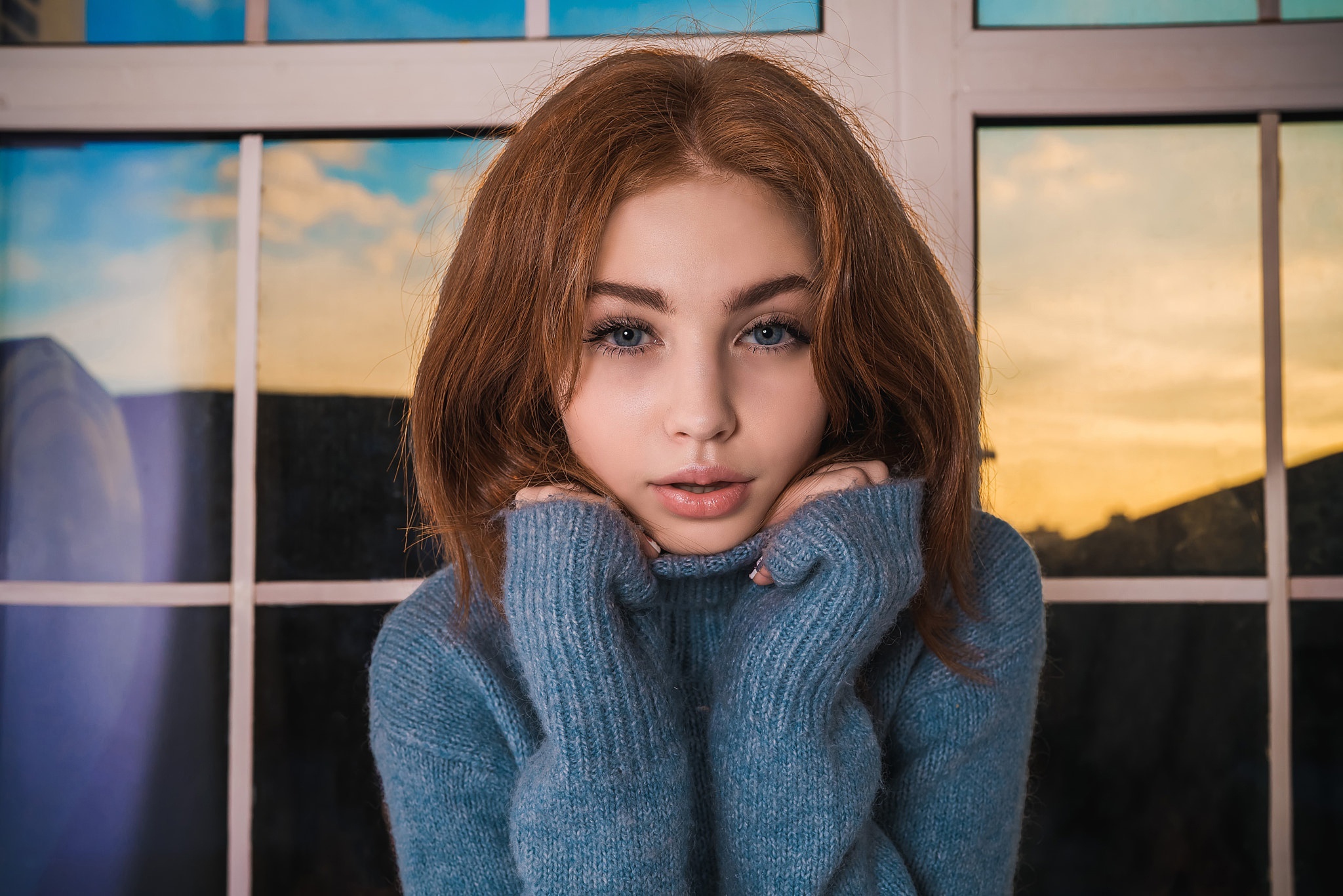 Redhead girl in blue sweater HD Wallpaper