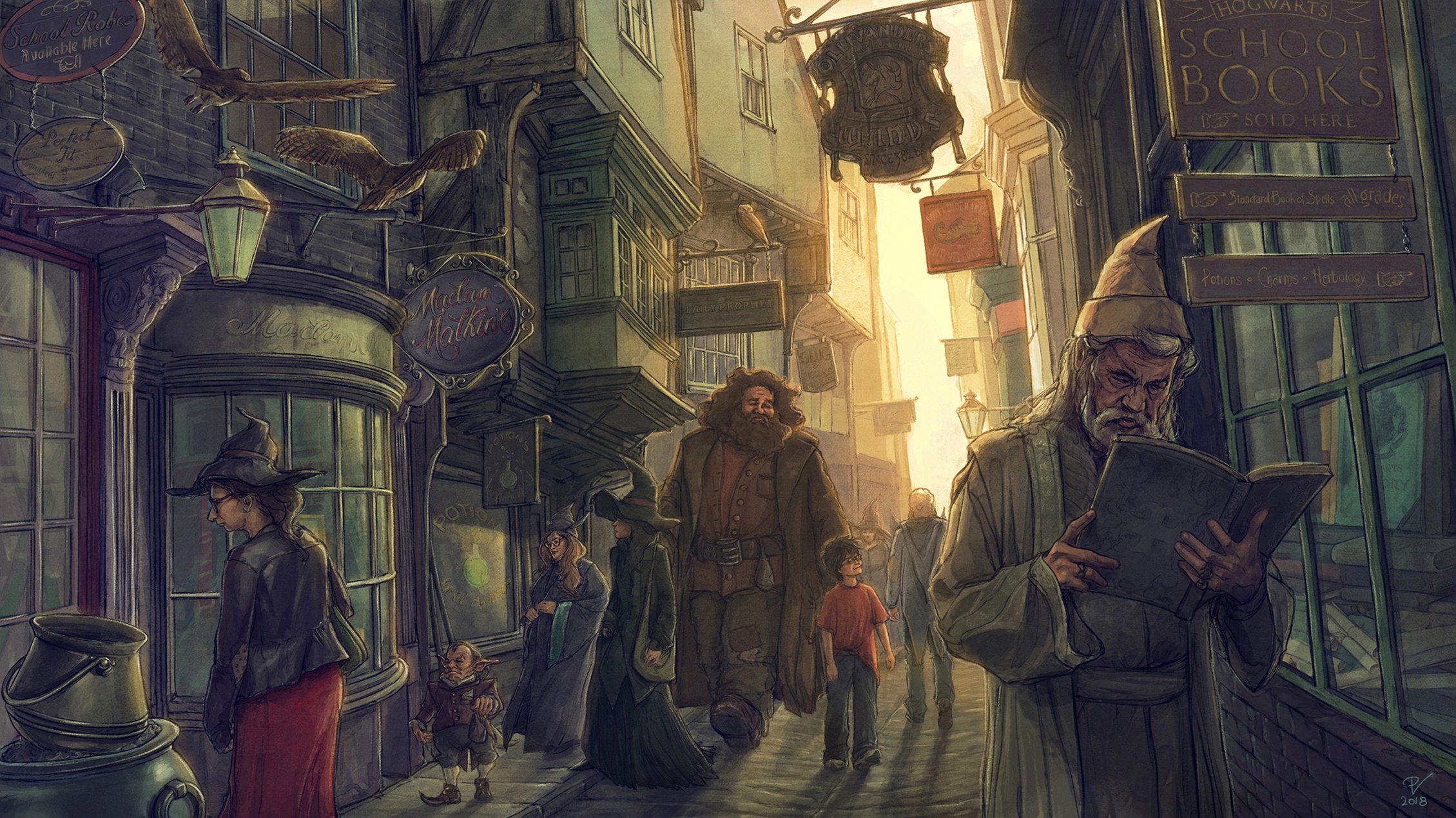Diagon Alley with Hagrid and Harry Potter HD Wallpaper