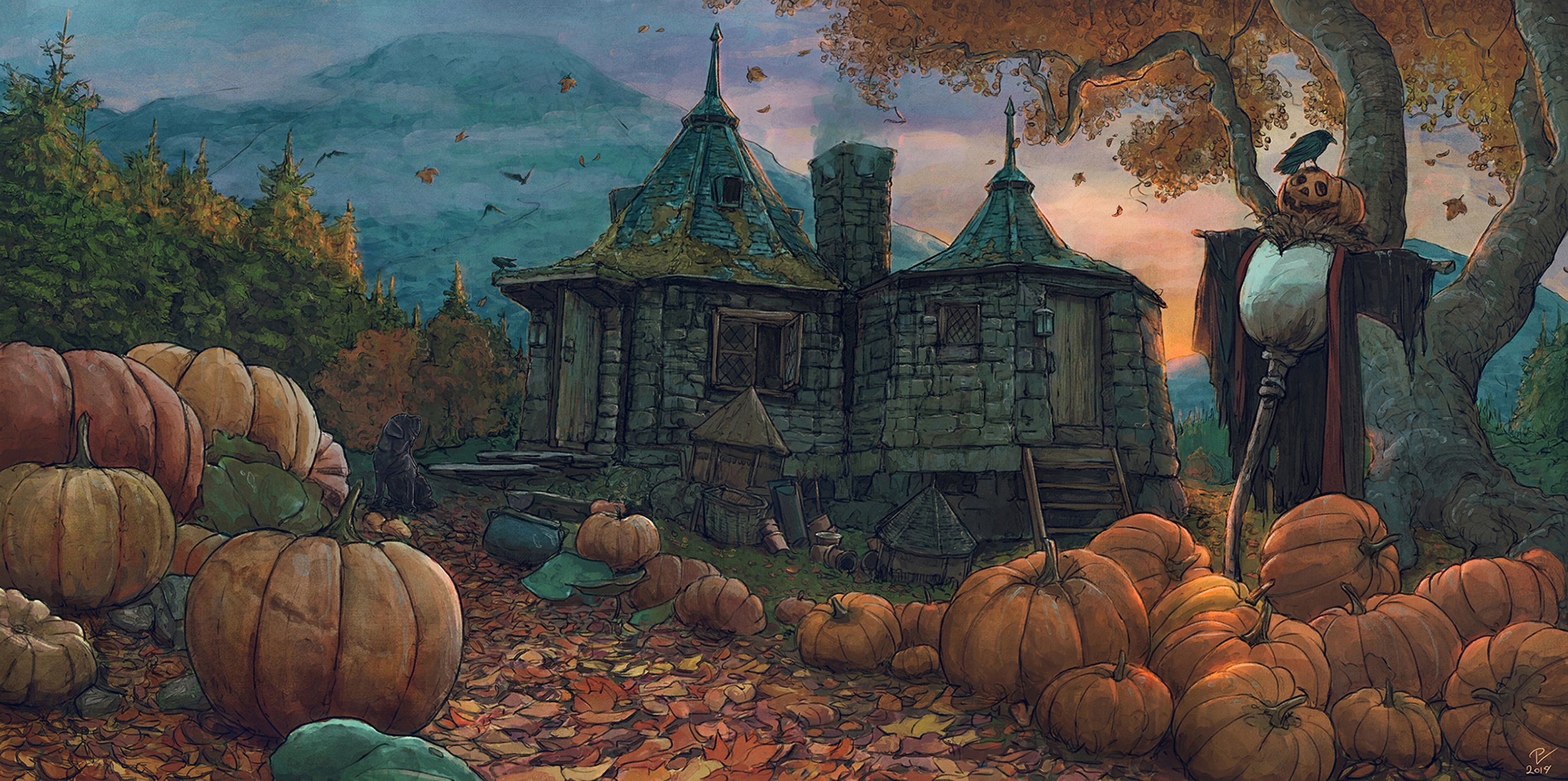 Hagrid's Hut with pumpkins and scarecrow HD Wallpaper