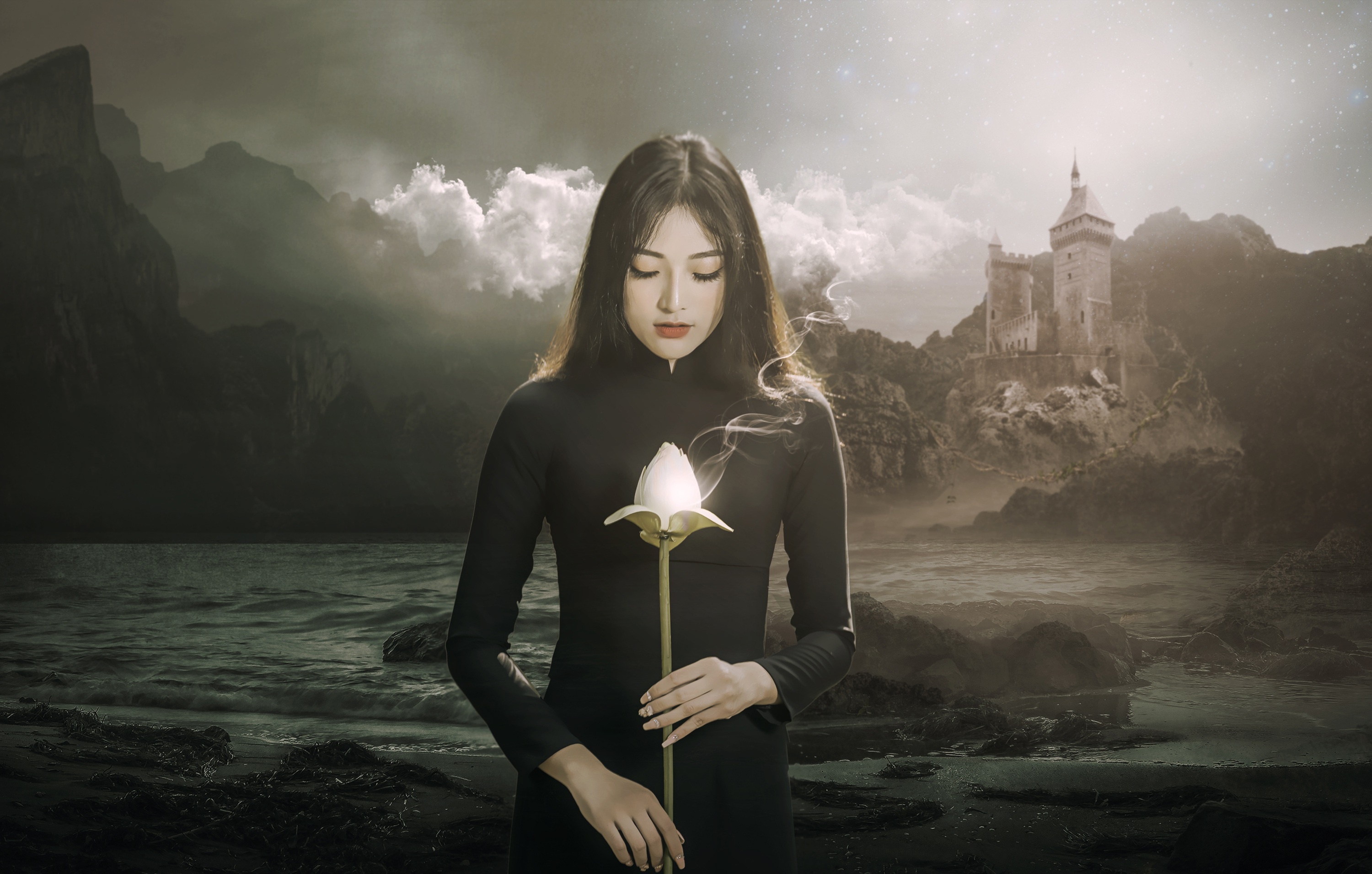 Asian woman holding a lotus flower with a castle in the background HD Wallpaper