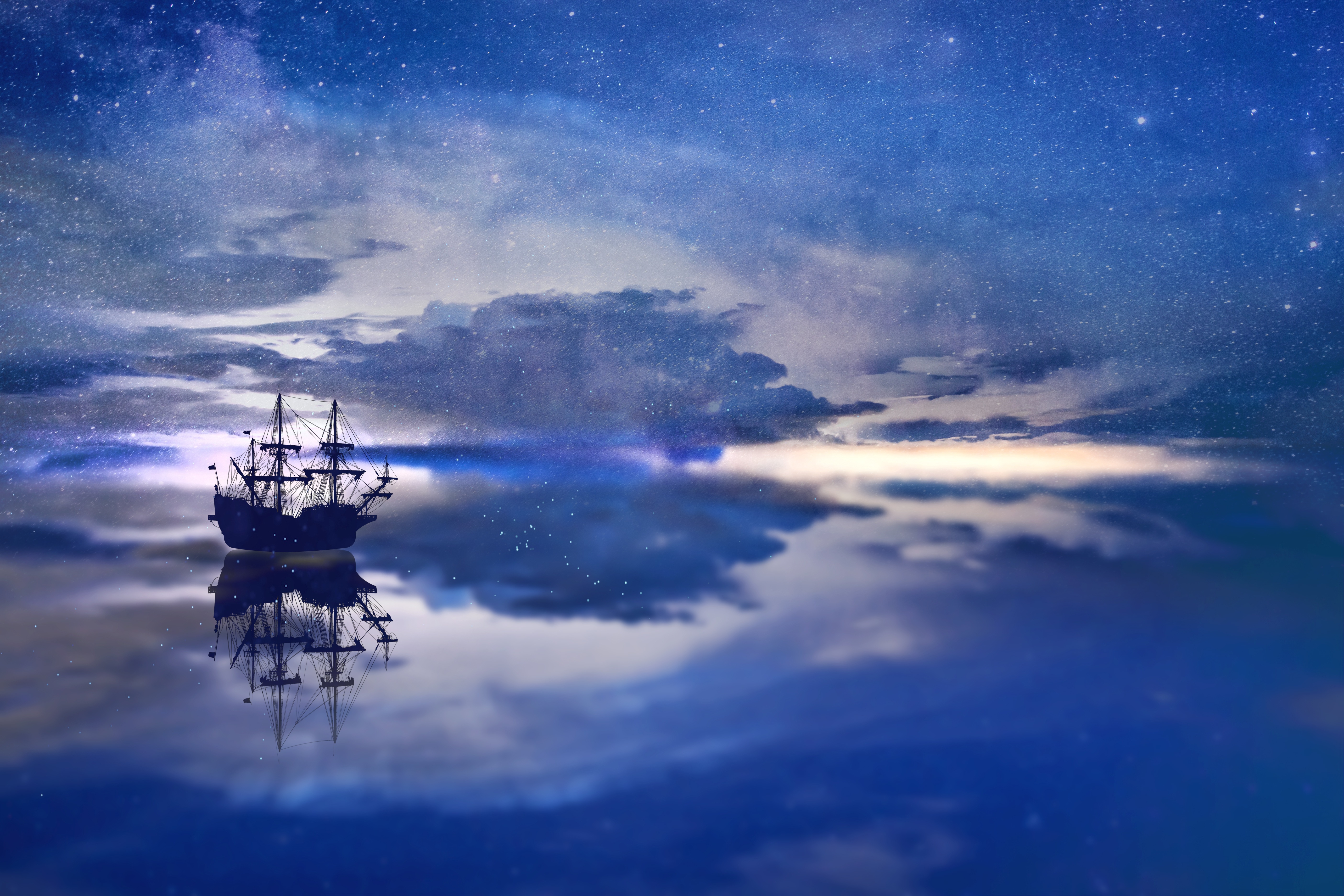 Artistic boat on reflective water under starry sky HD Wallpaper