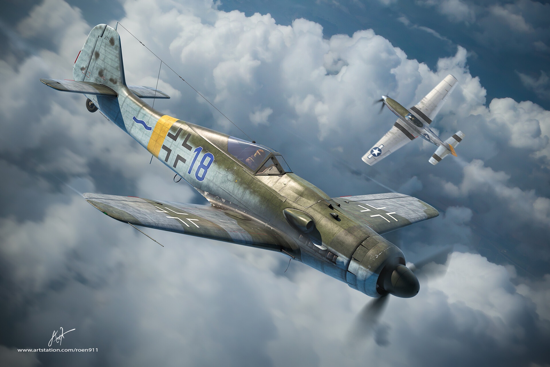 Focke-Wulf Fw 190 and P-51 Mustang in the sky HD Wallpaper