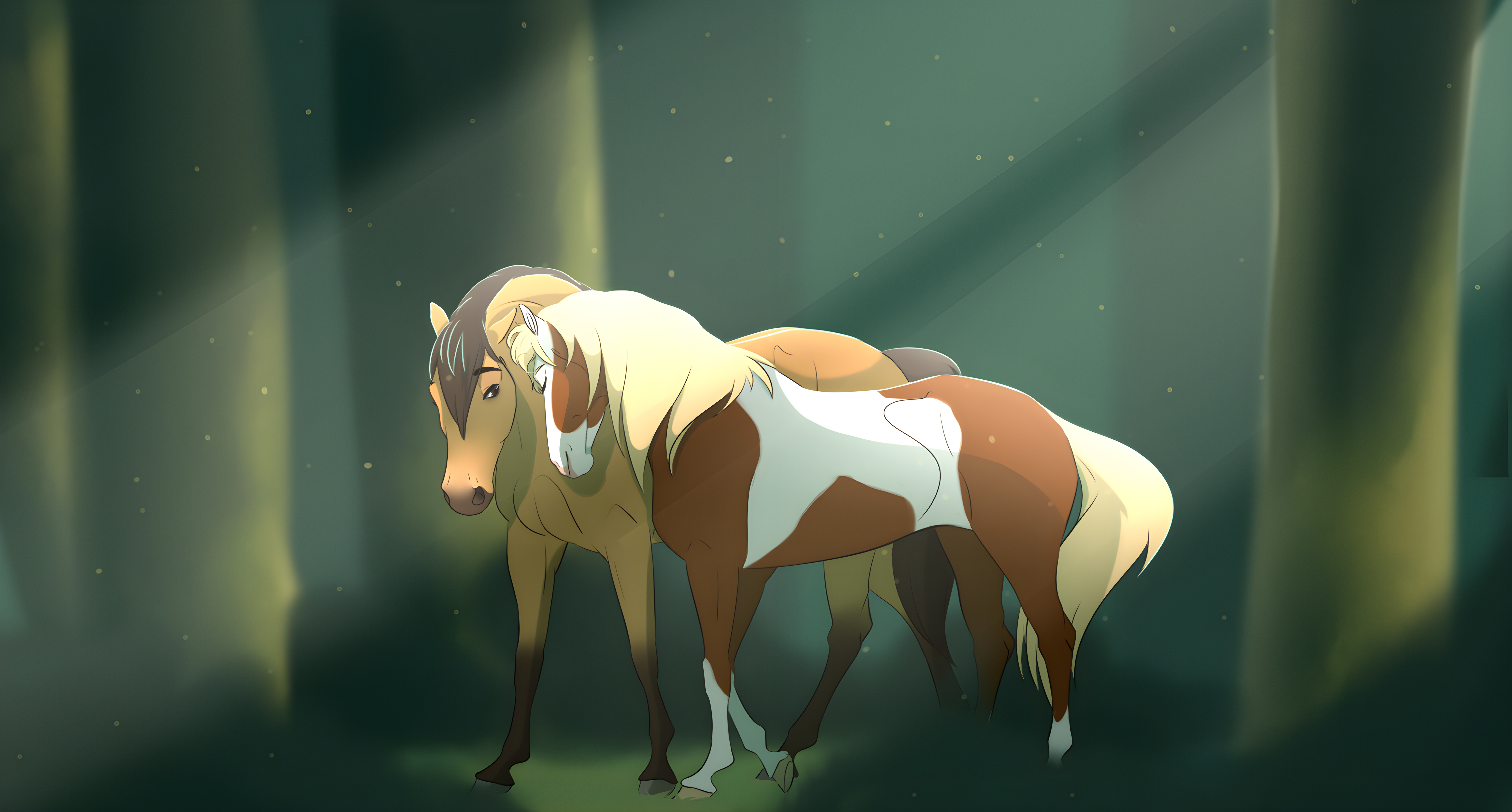 Two horses cuddling in a forest HD Wallpaper