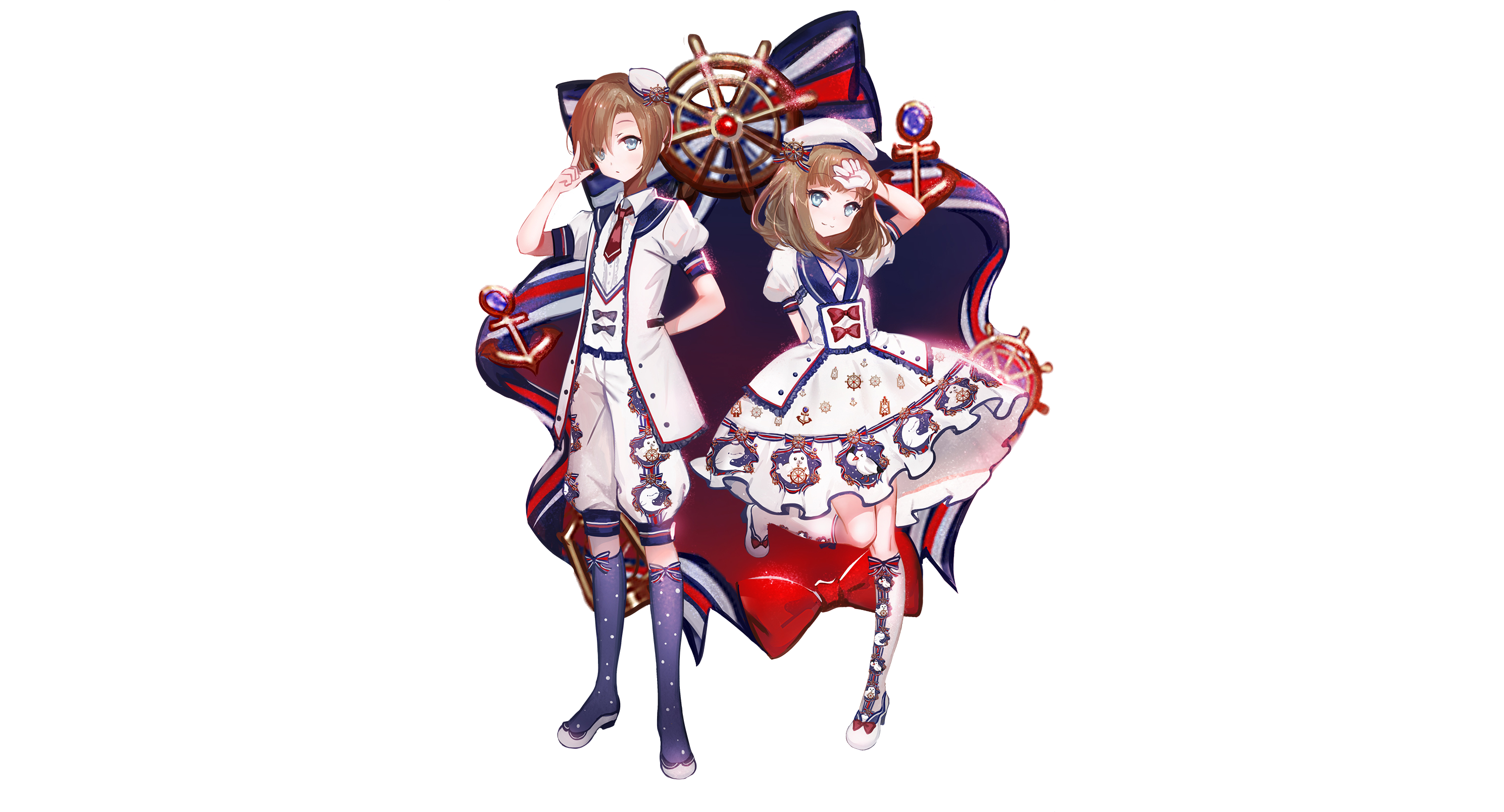 Anime boy and girl in sailor outfits with nautical theme HD Wallpaper