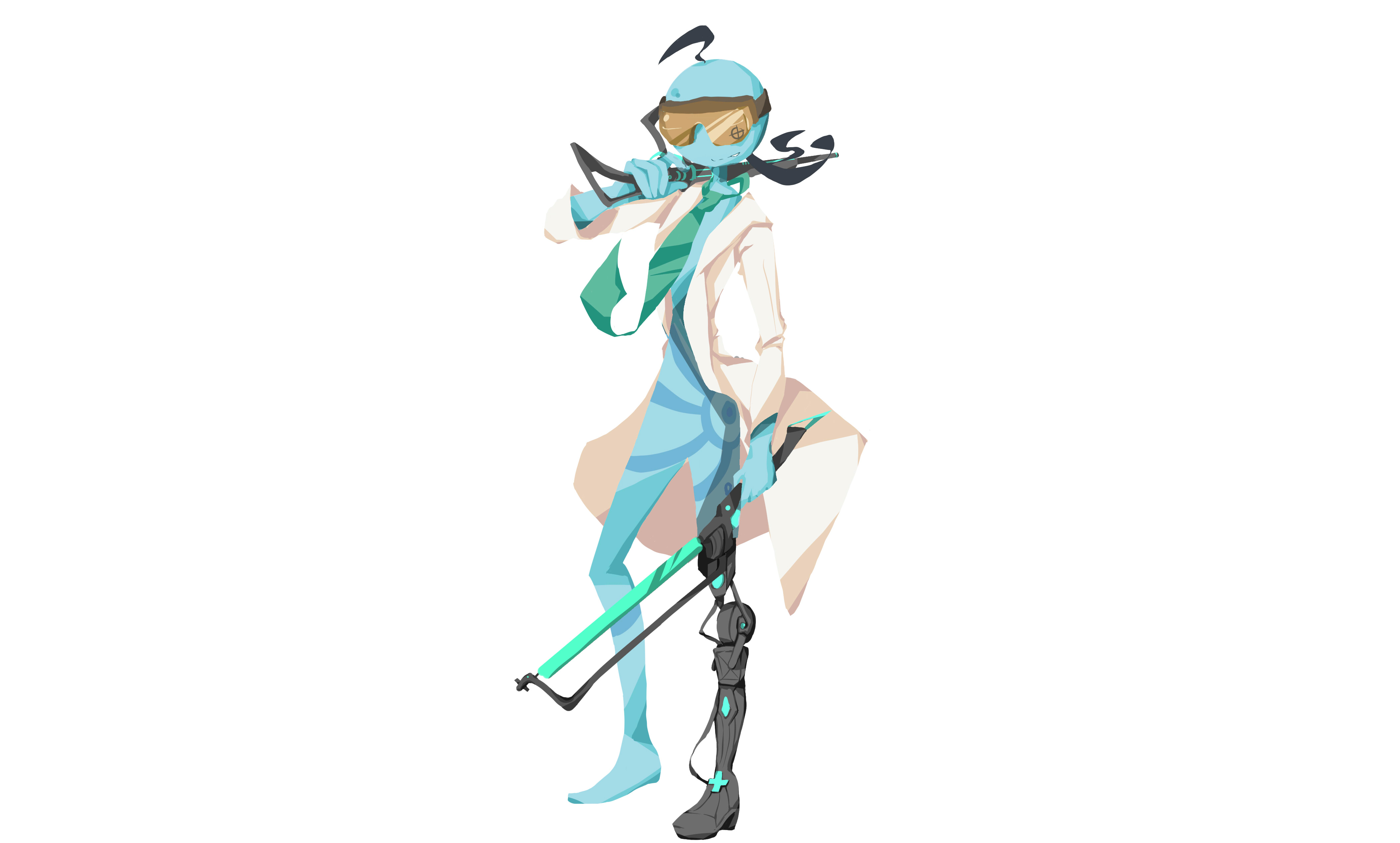 Blue character in lab coat with cybernetic leg and weapon HD Wallpaper