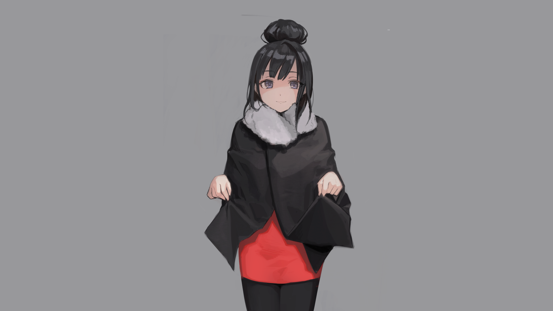 Anime girl with black hair and purple eyes wearing a black cloak HD Wallpaper