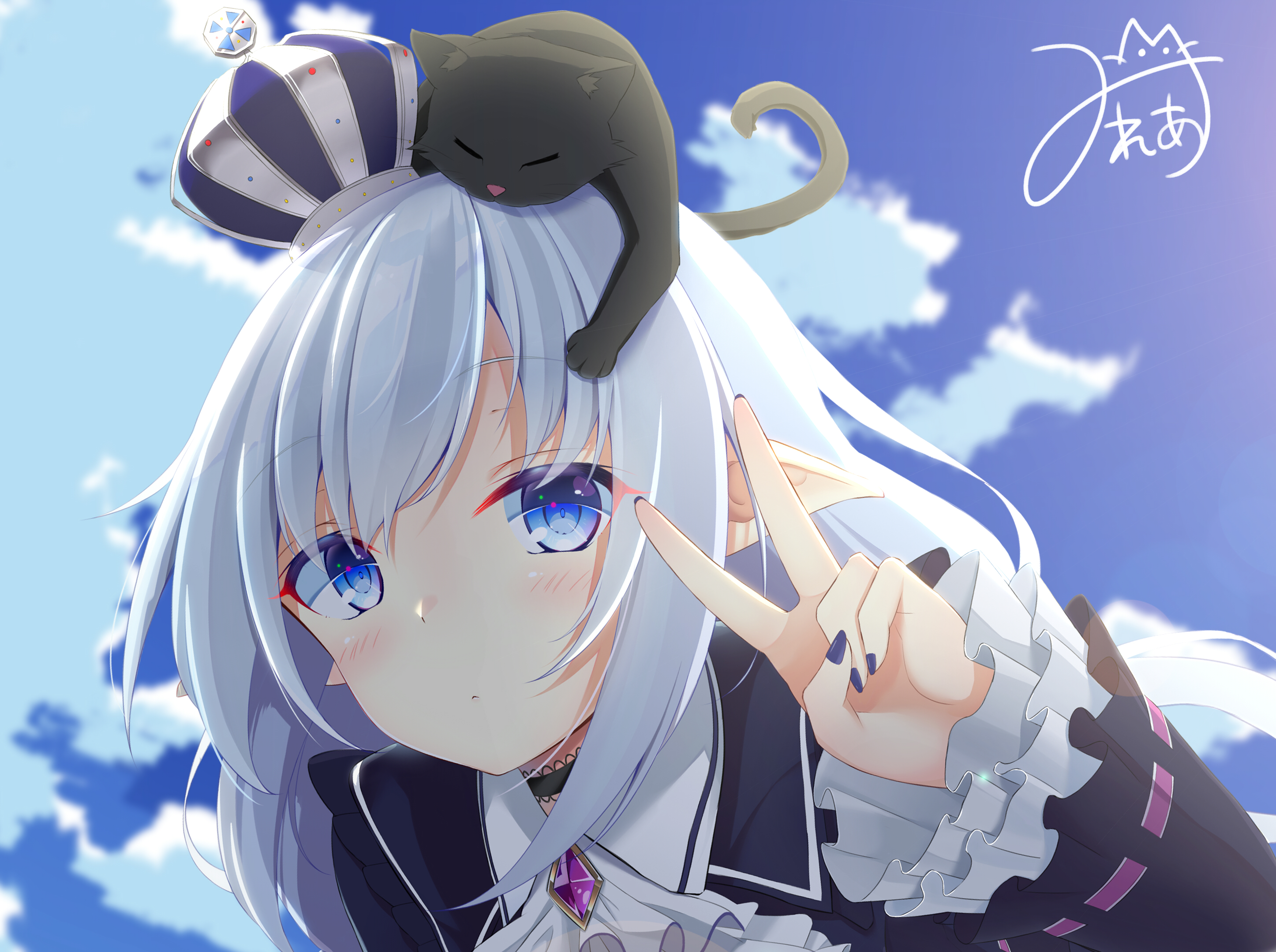 Elf girl with a cat on her head HD Wallpaper