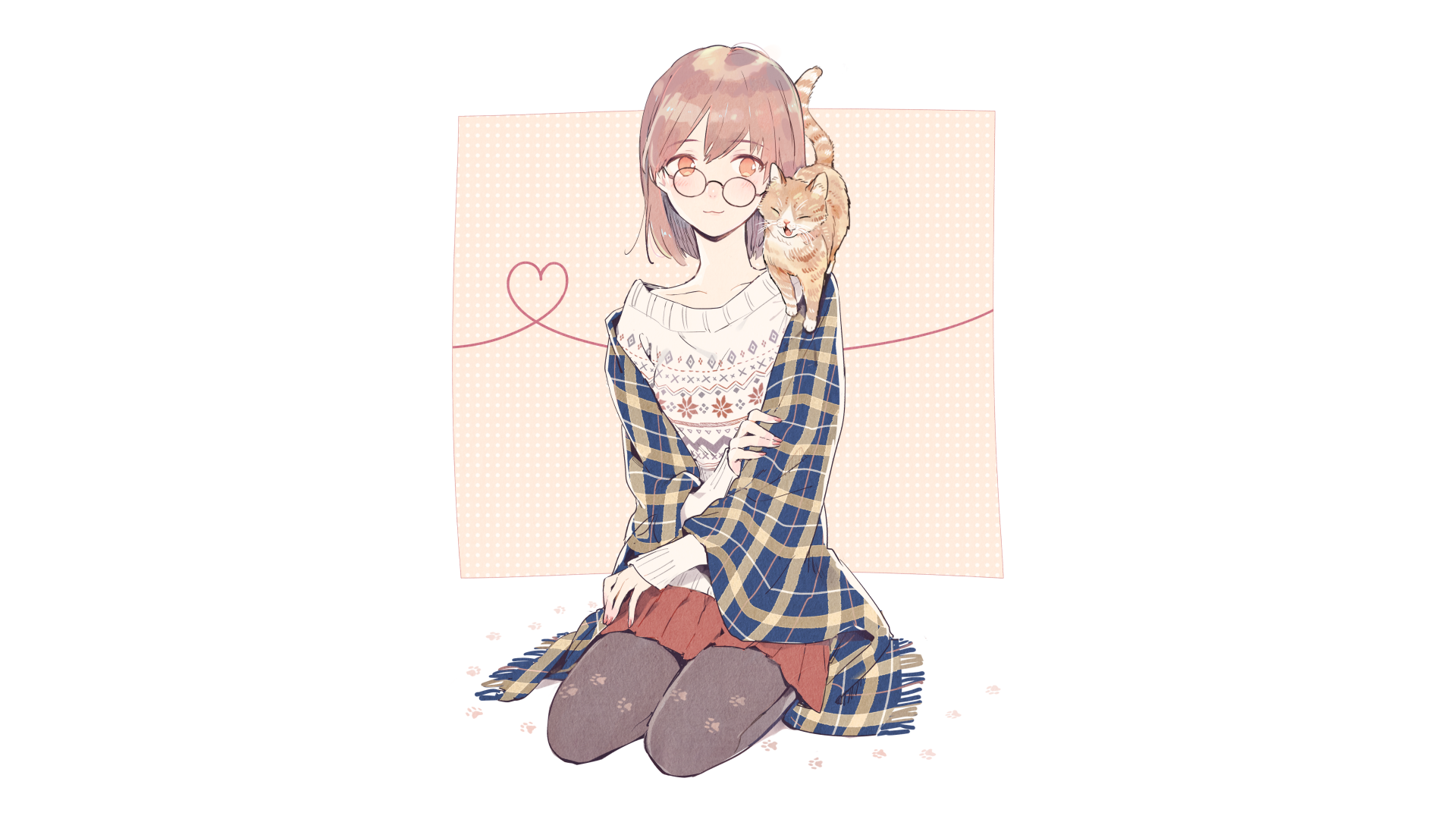 Girl with glasses and cat wearing a sweater and plaid blanket HD Wallpaper