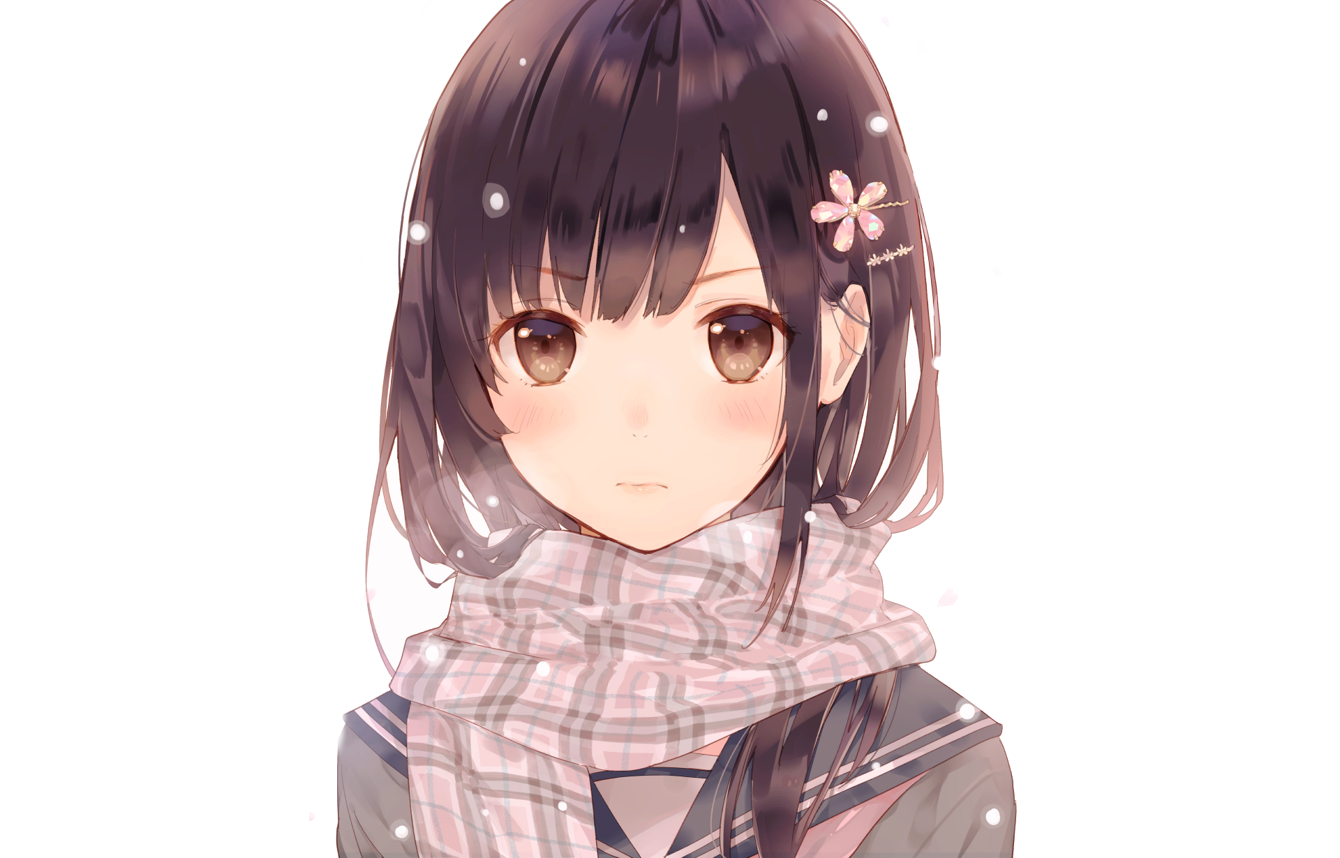 Anime girl with flower in hair and scarf HD Wallpaper