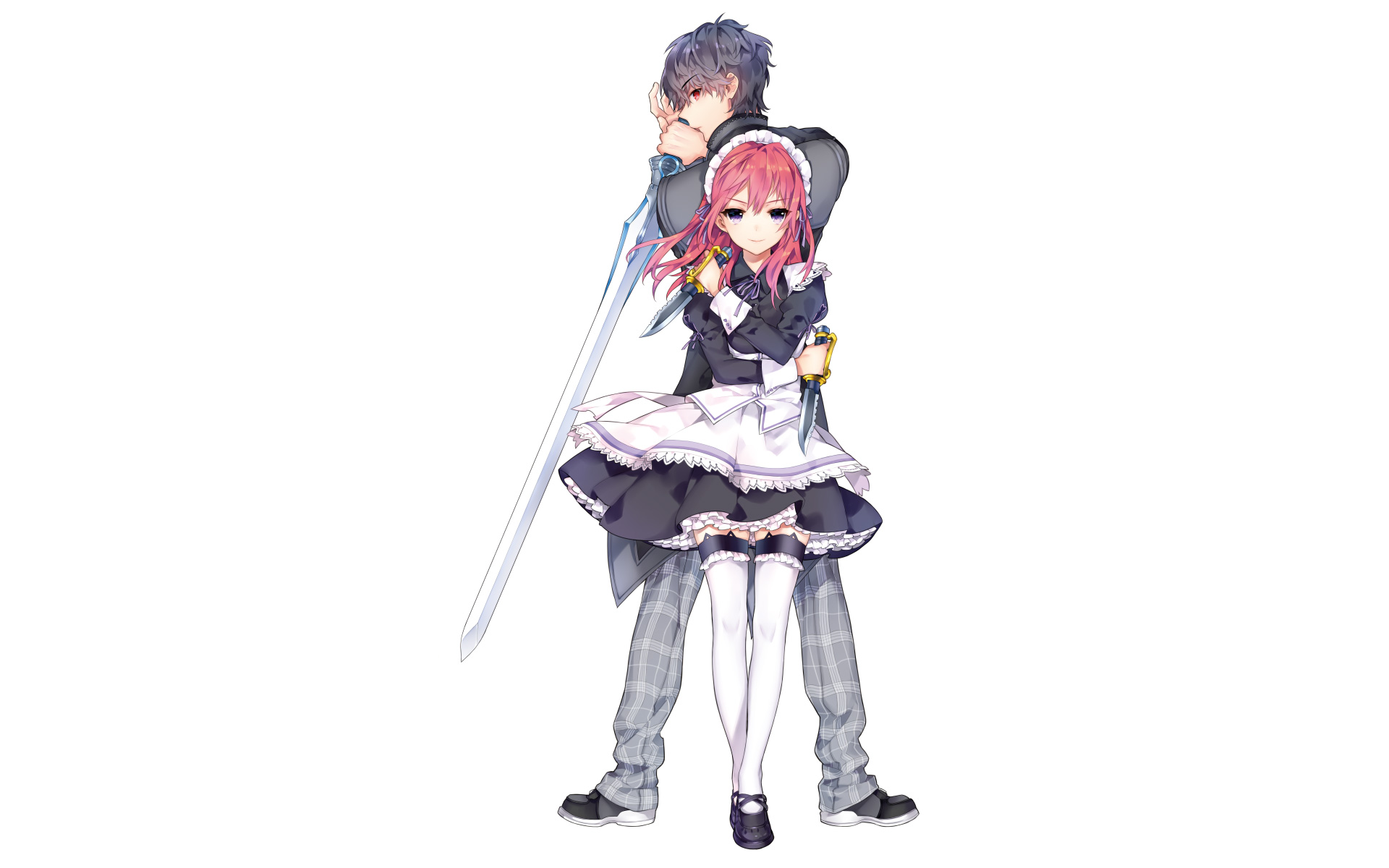 Anime girl in maid outfit and man with sword HD Wallpaper