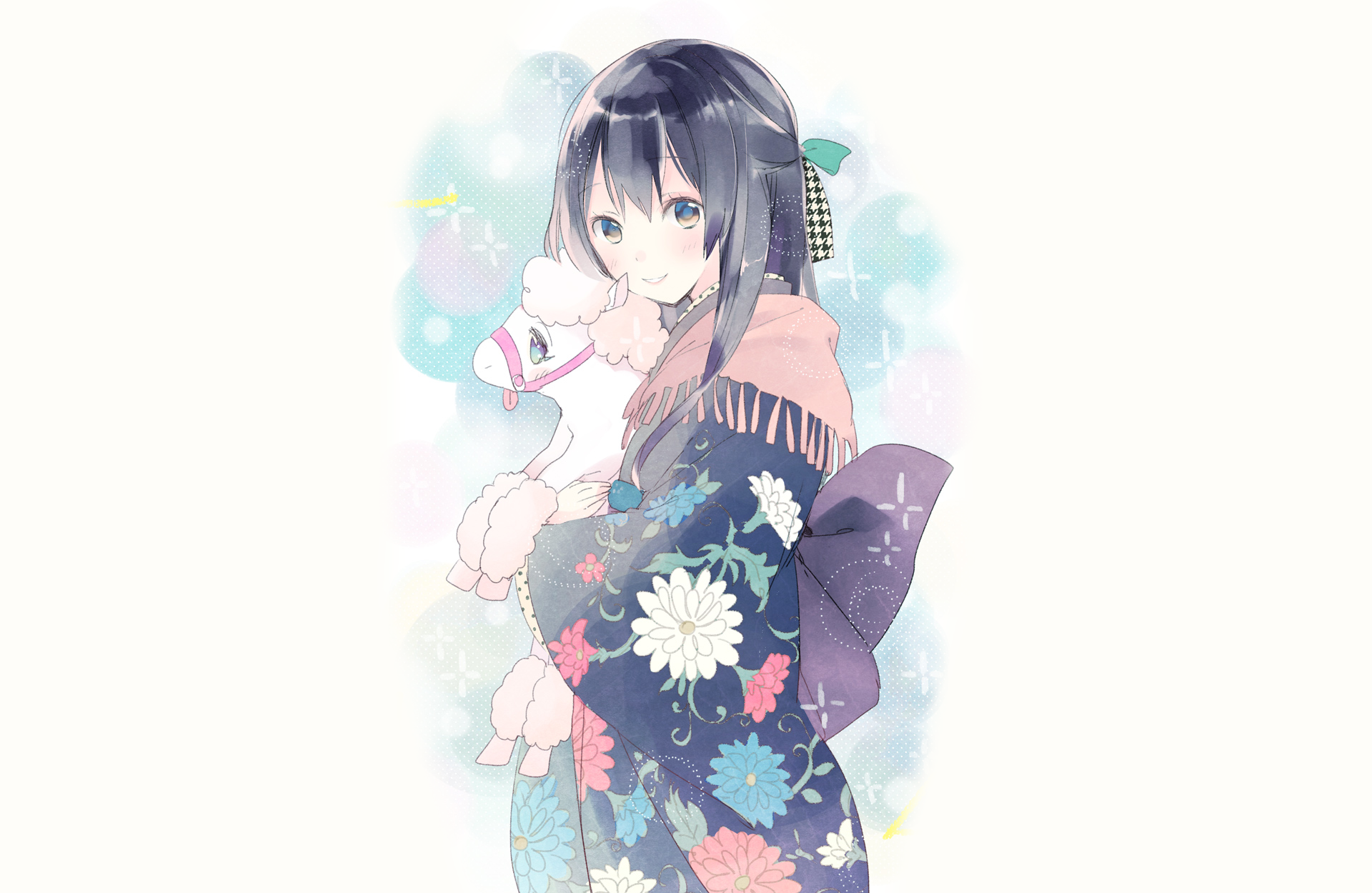 Girl in Kimono Holding a Stuffed Toy HD Wallpaper
