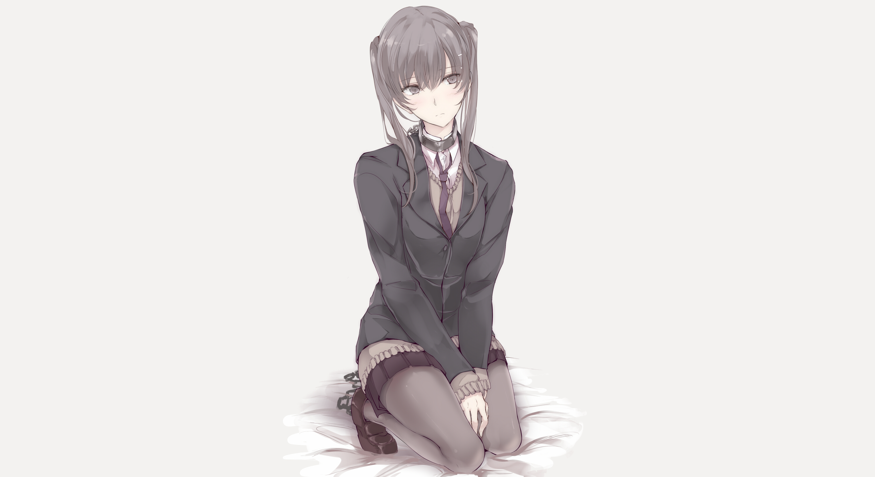 Anime girl in school uniform kneeling HD Wallpaper