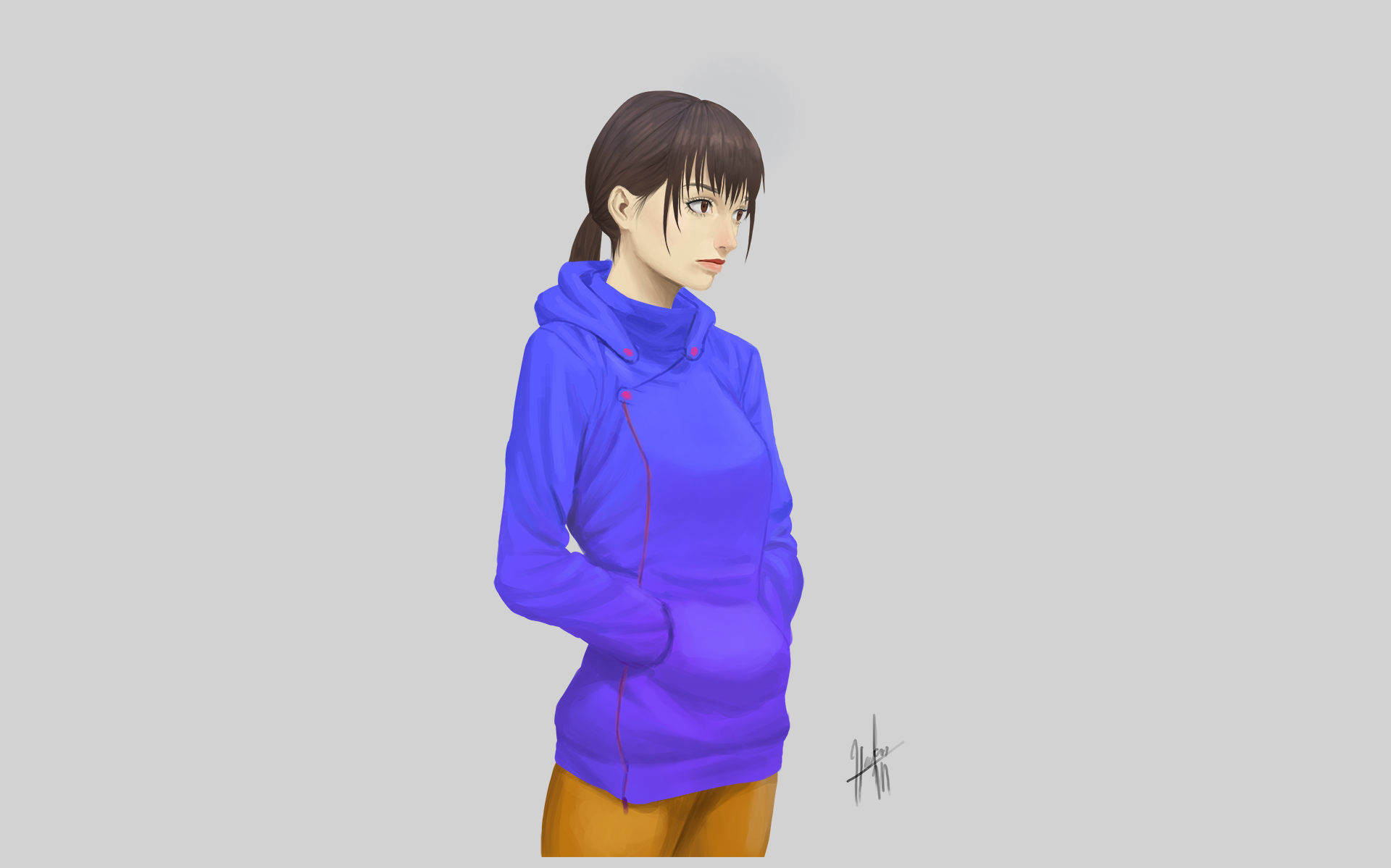 Girl in blue hoodie and orange pants HD Wallpaper