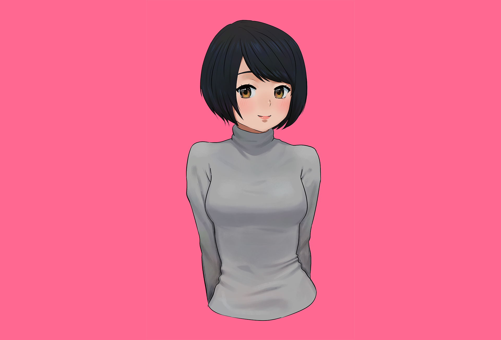 Anime girl with short black hair wearing a grey turtleneck HD Wallpaper