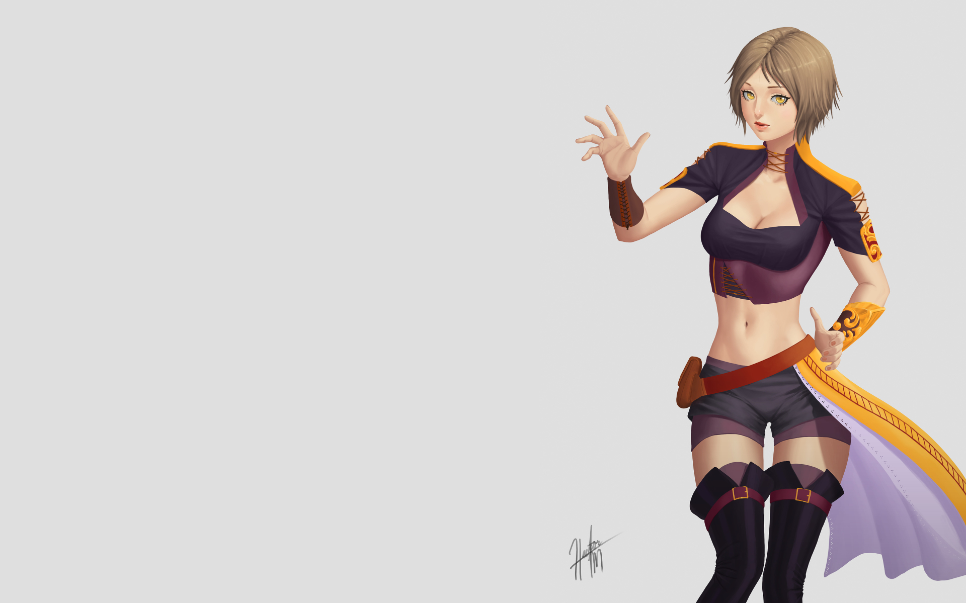 Anime girl with short brown hair and yellow eyes HD Wallpaper