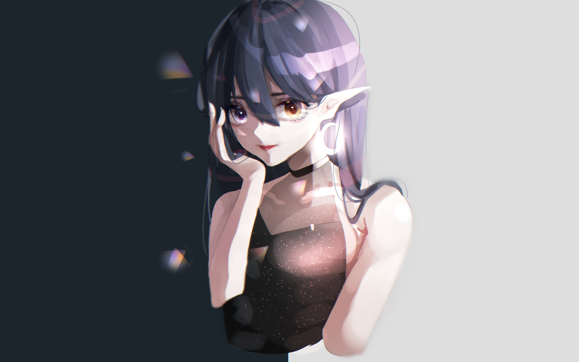 Elf girl with dark hair and heterochromia HD Wallpaper