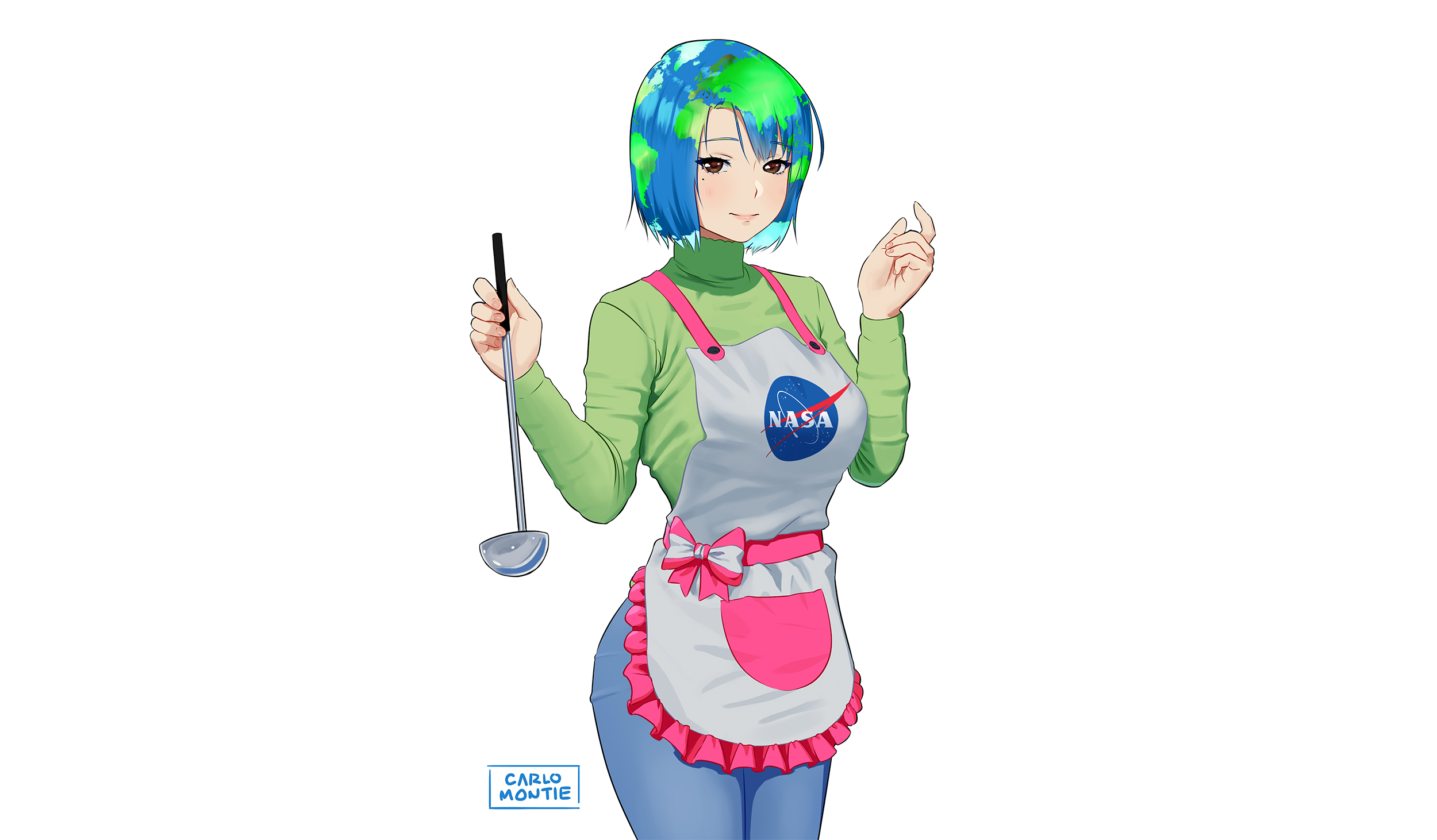 Earth-chan wearing NASA apron holding ladle HD Wallpaper