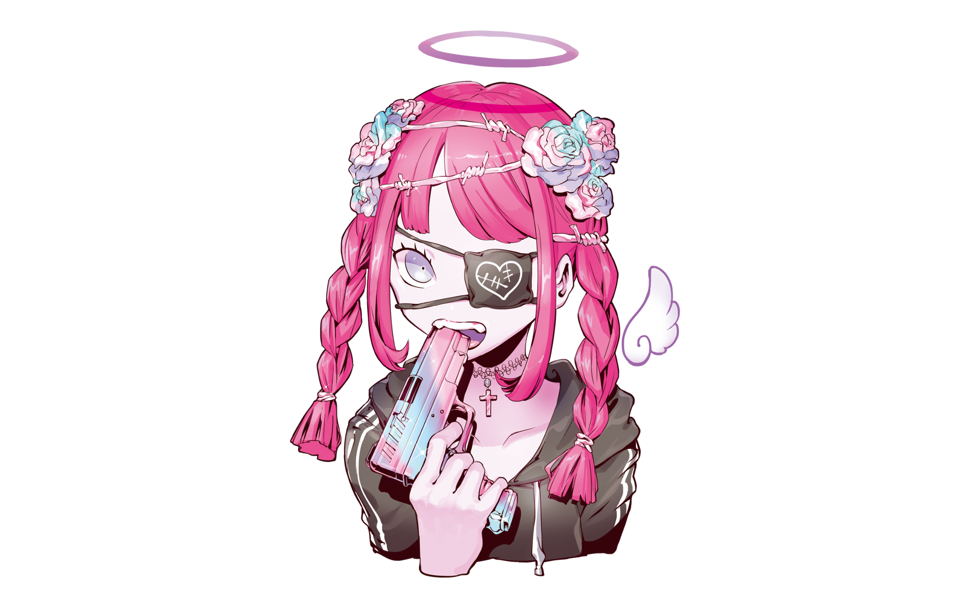 Anime girl with pink hair and gun HD Wallpaper