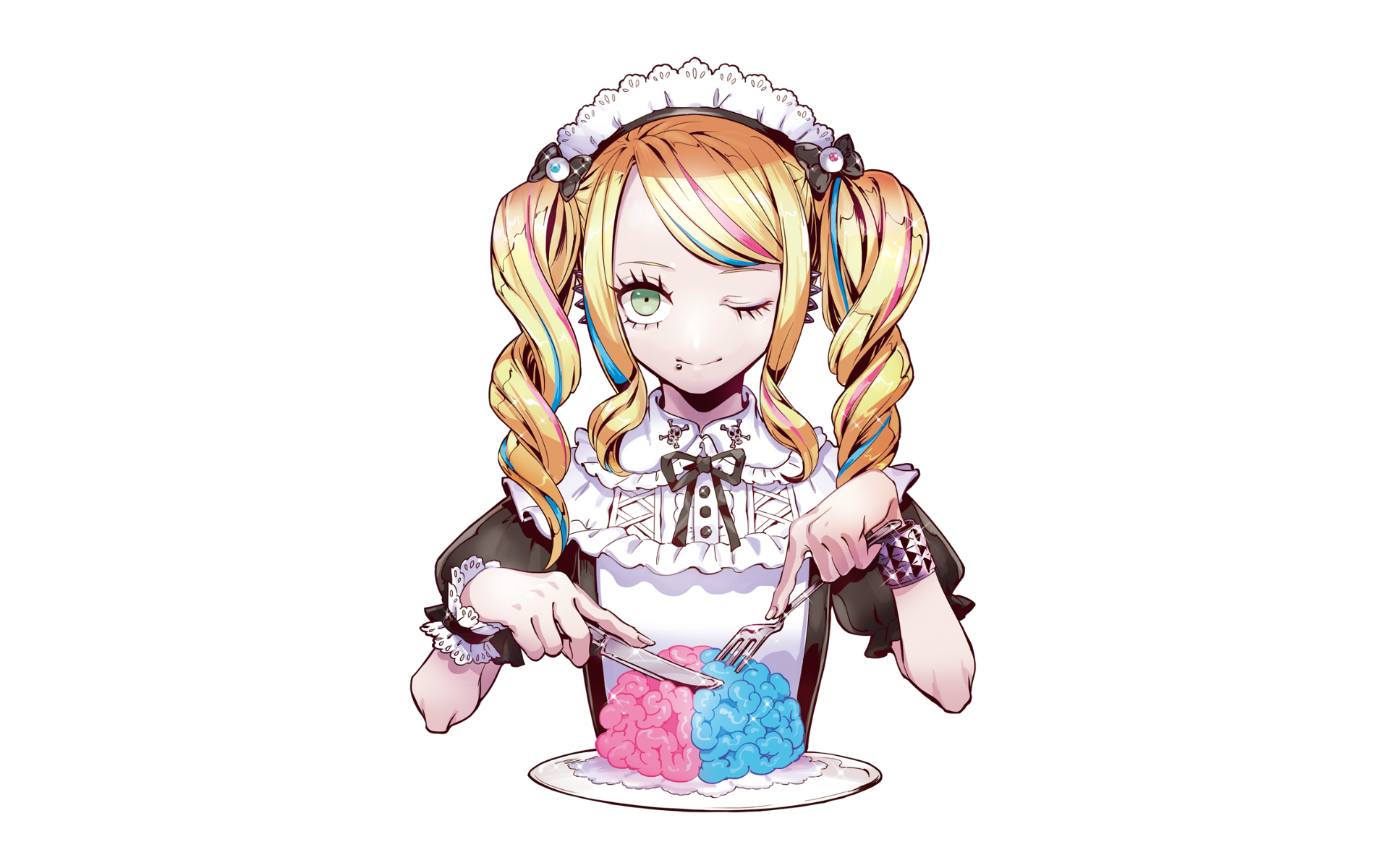 Girl in maid outfit cutting a brain cake HD Wallpaper