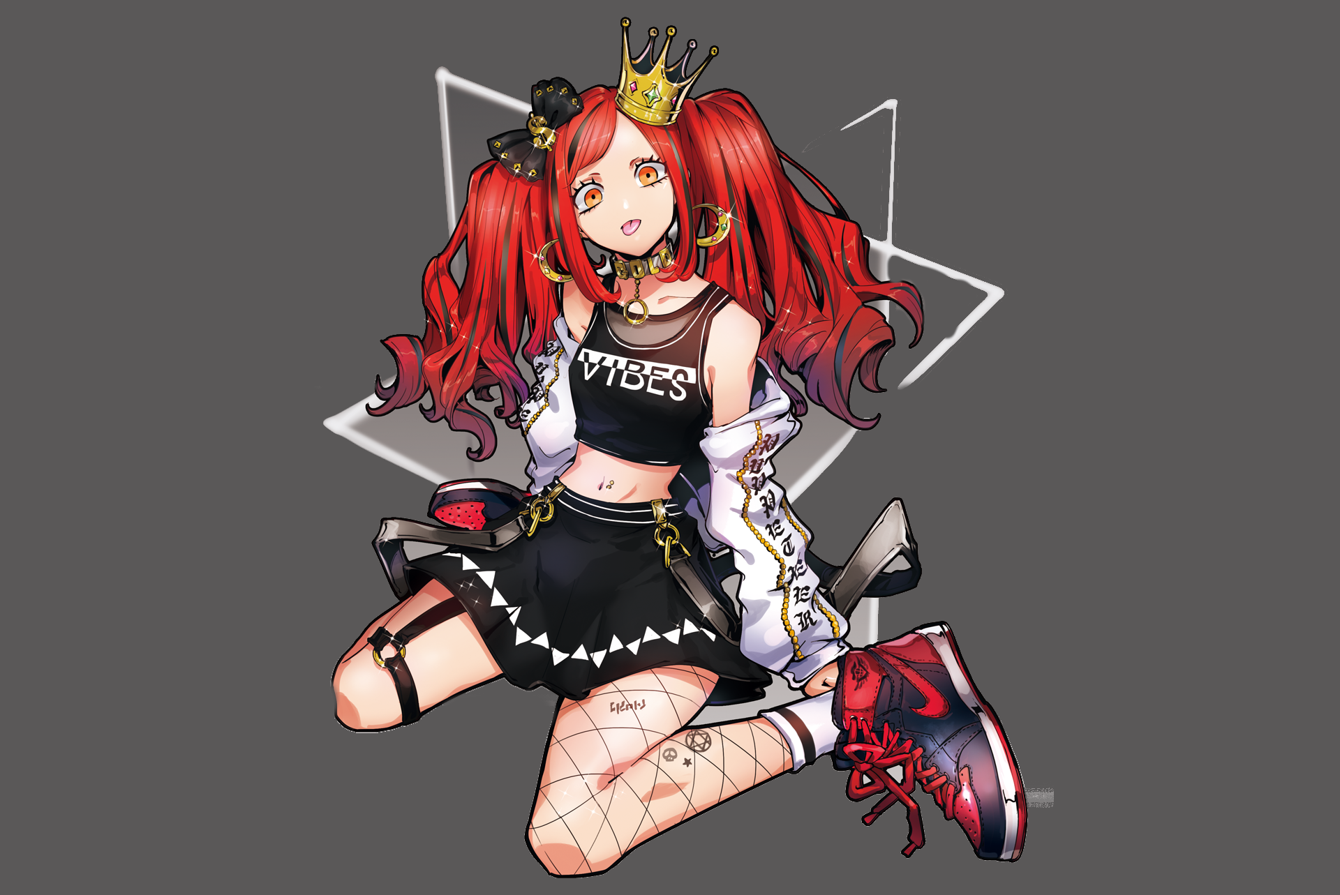 Anime girl with red pigtails and crown HD Wallpaper