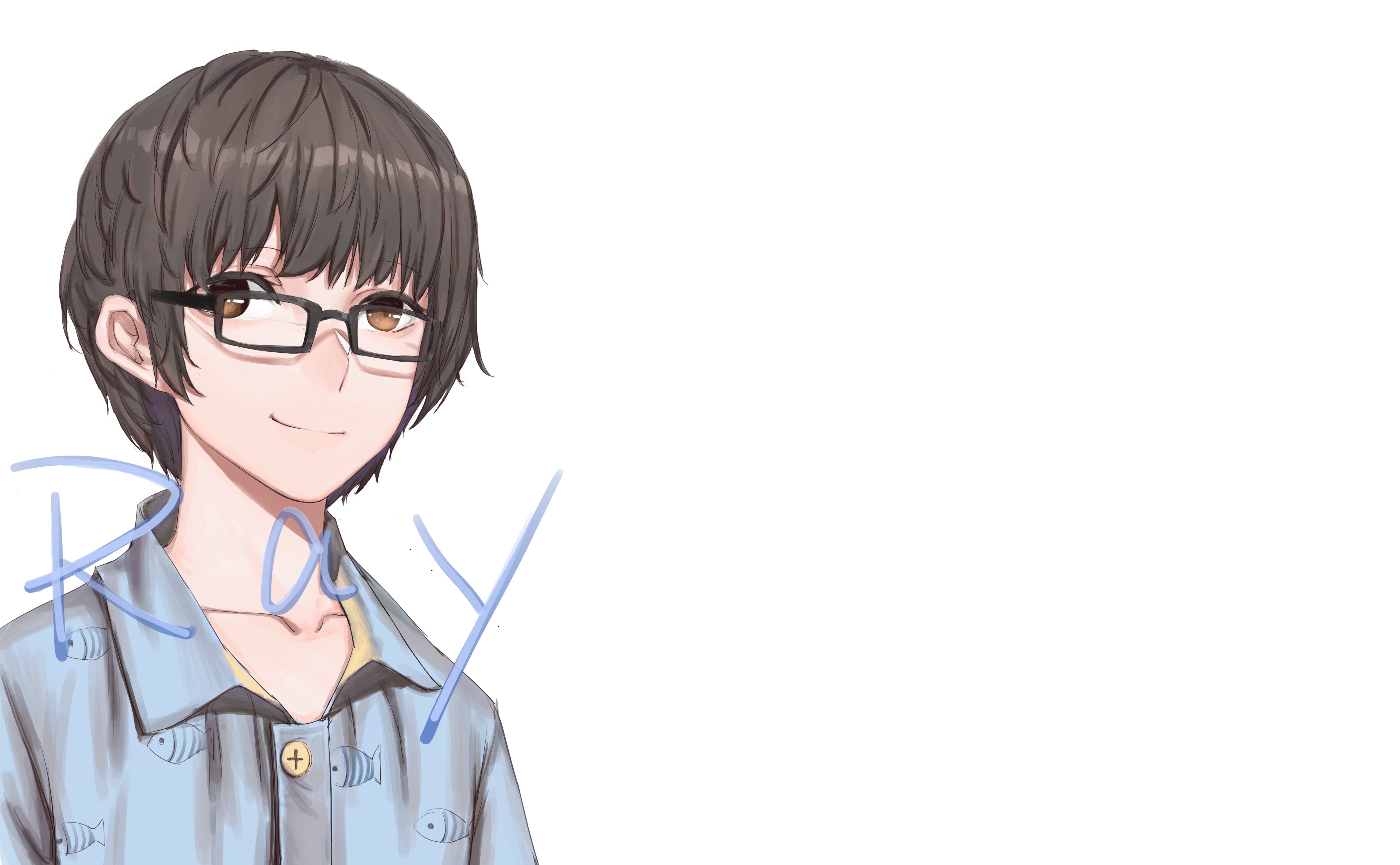 Boy with glasses and fish pattern shirt HD Wallpaper