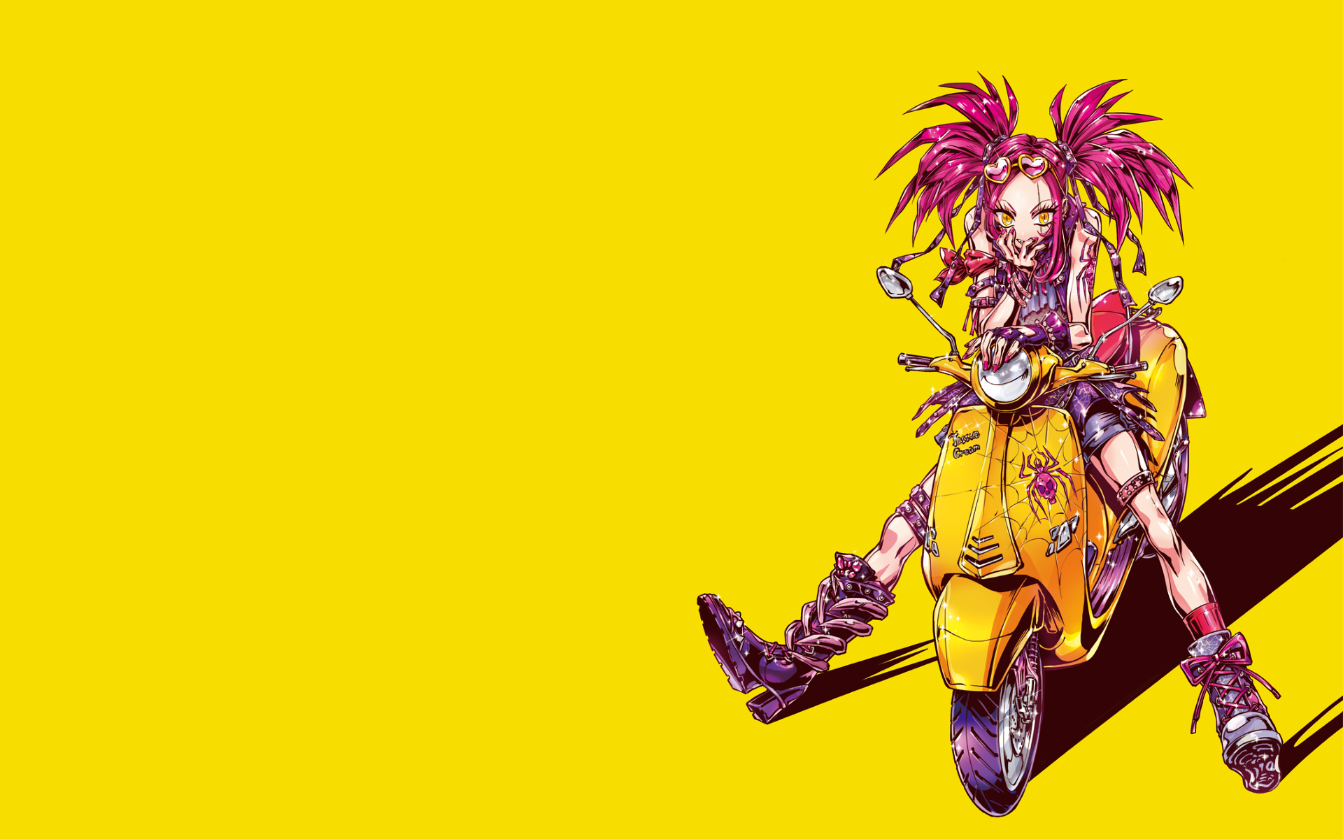 Girl with pink hair on a yellow scooter HD Wallpaper