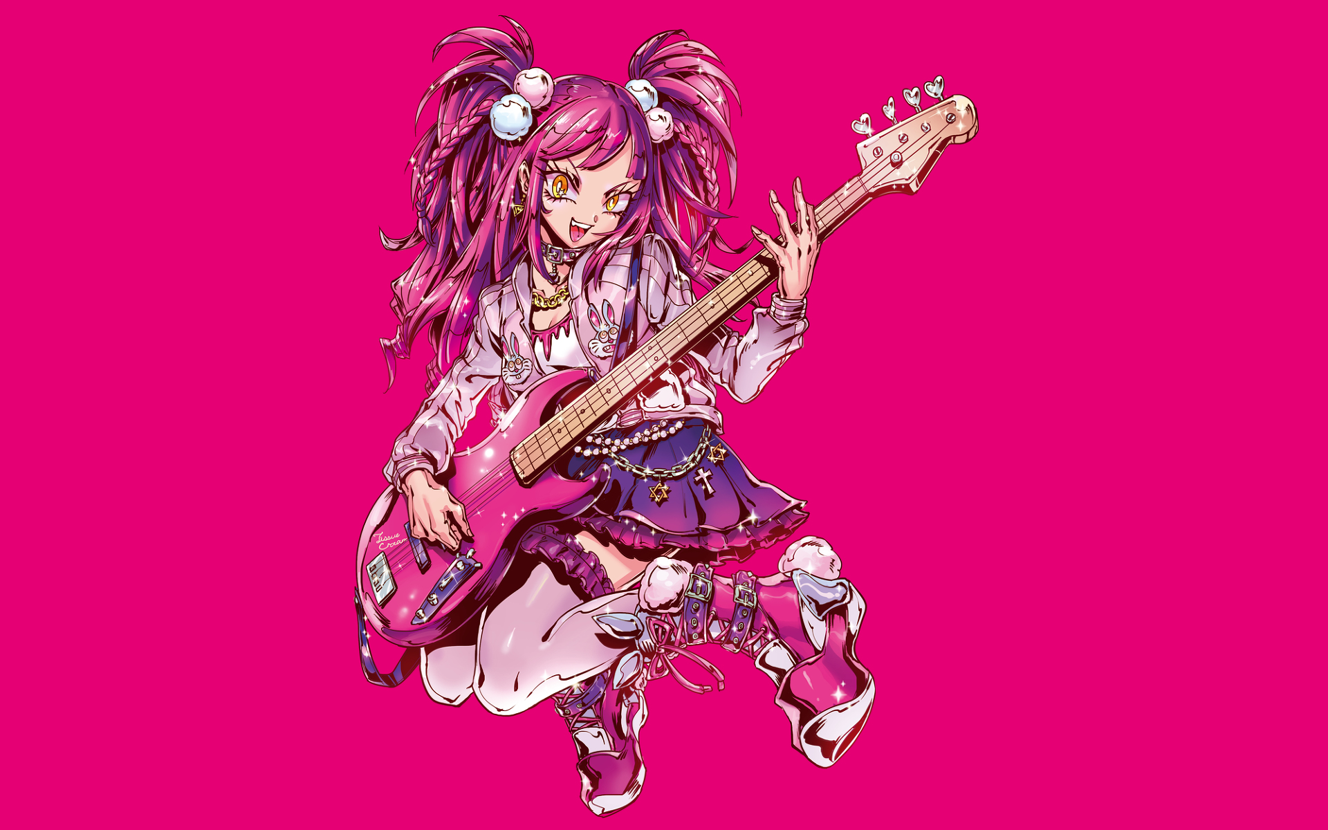 Girl playing a pink bass guitar HD Wallpaper
