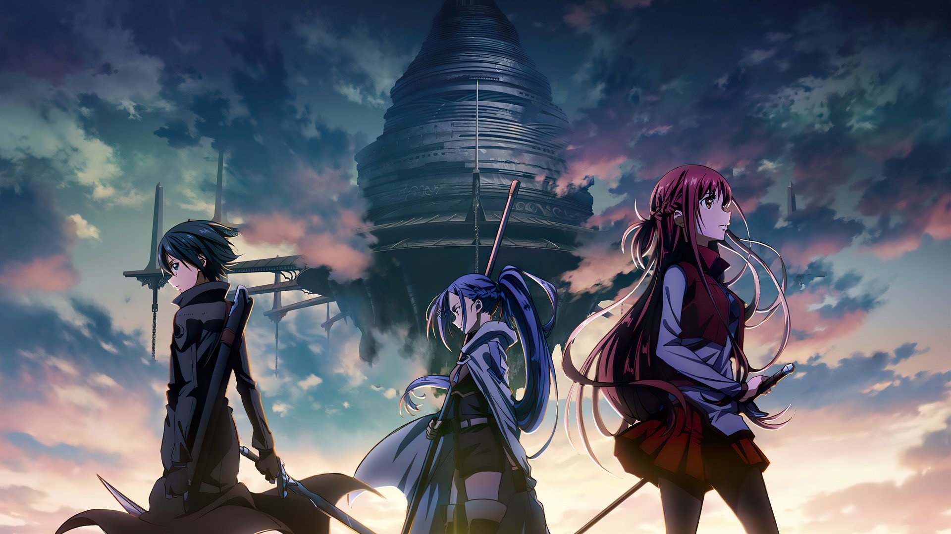 Sword Art Online characters in front of a large tower HD Wallpaper