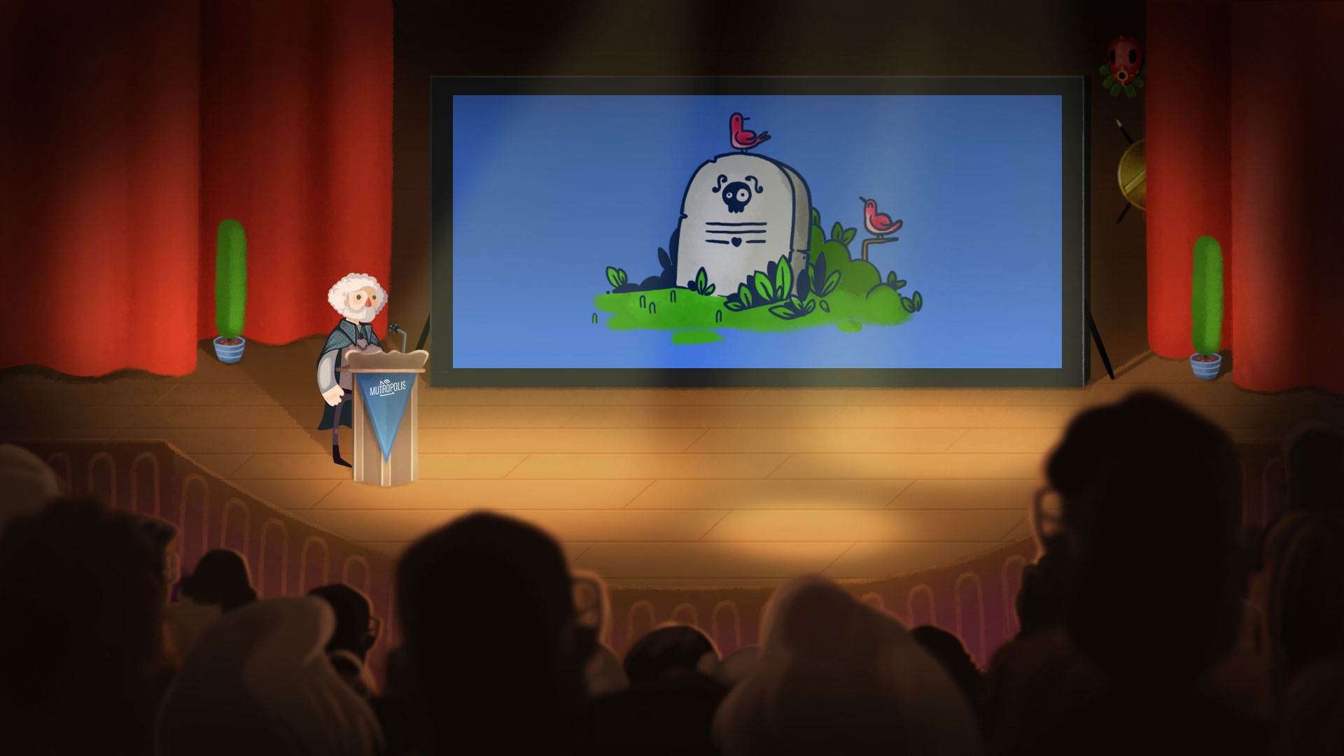 Man presenting a tombstone with a skull on a screen HD Wallpaper