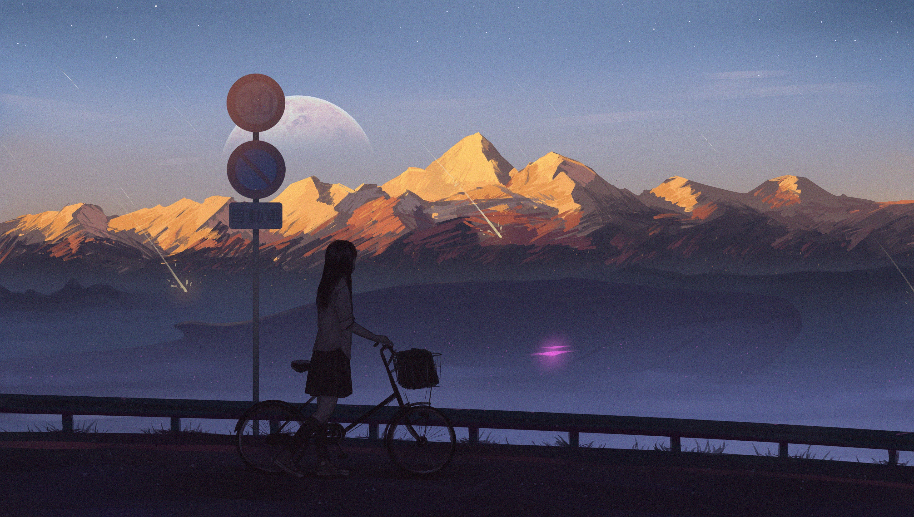 Girl with bicycle watching meteor shower over mountains 4K HD Wallpaper