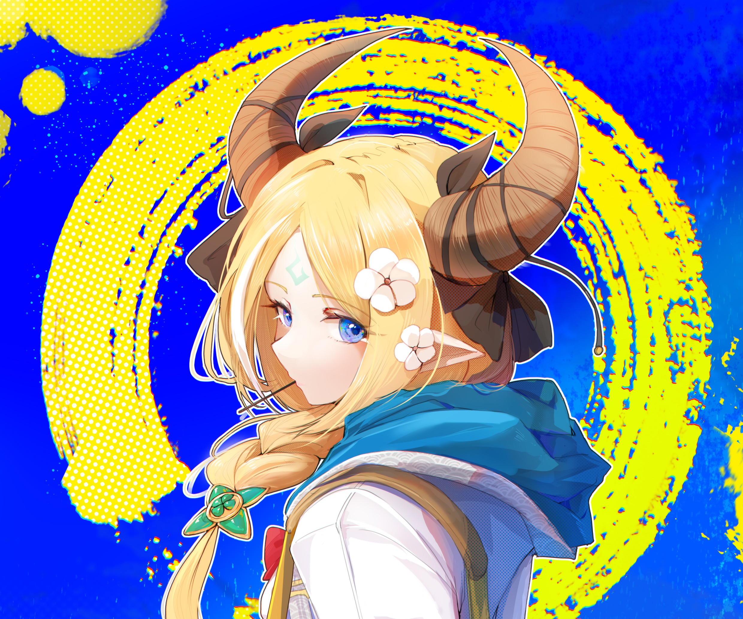 Anime girl with horns and blue background HD Wallpaper