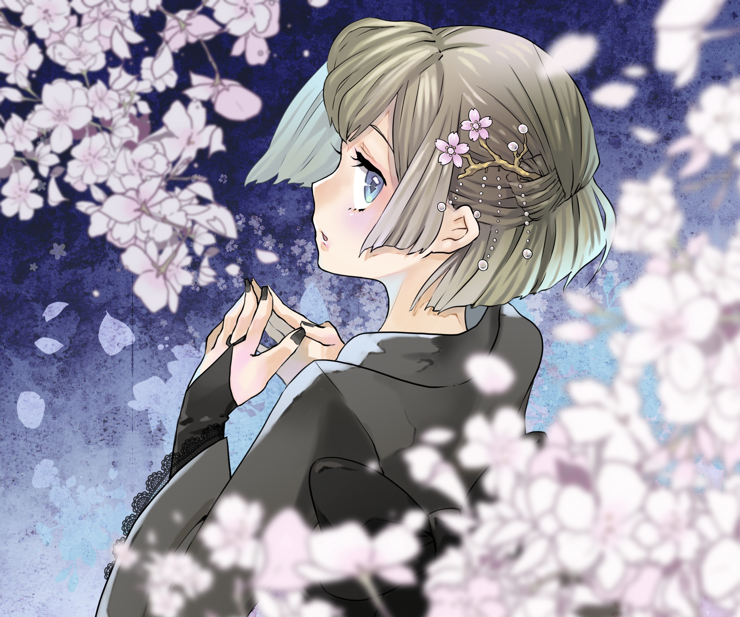 Girl with cherry blossoms in her hair HD Wallpaper