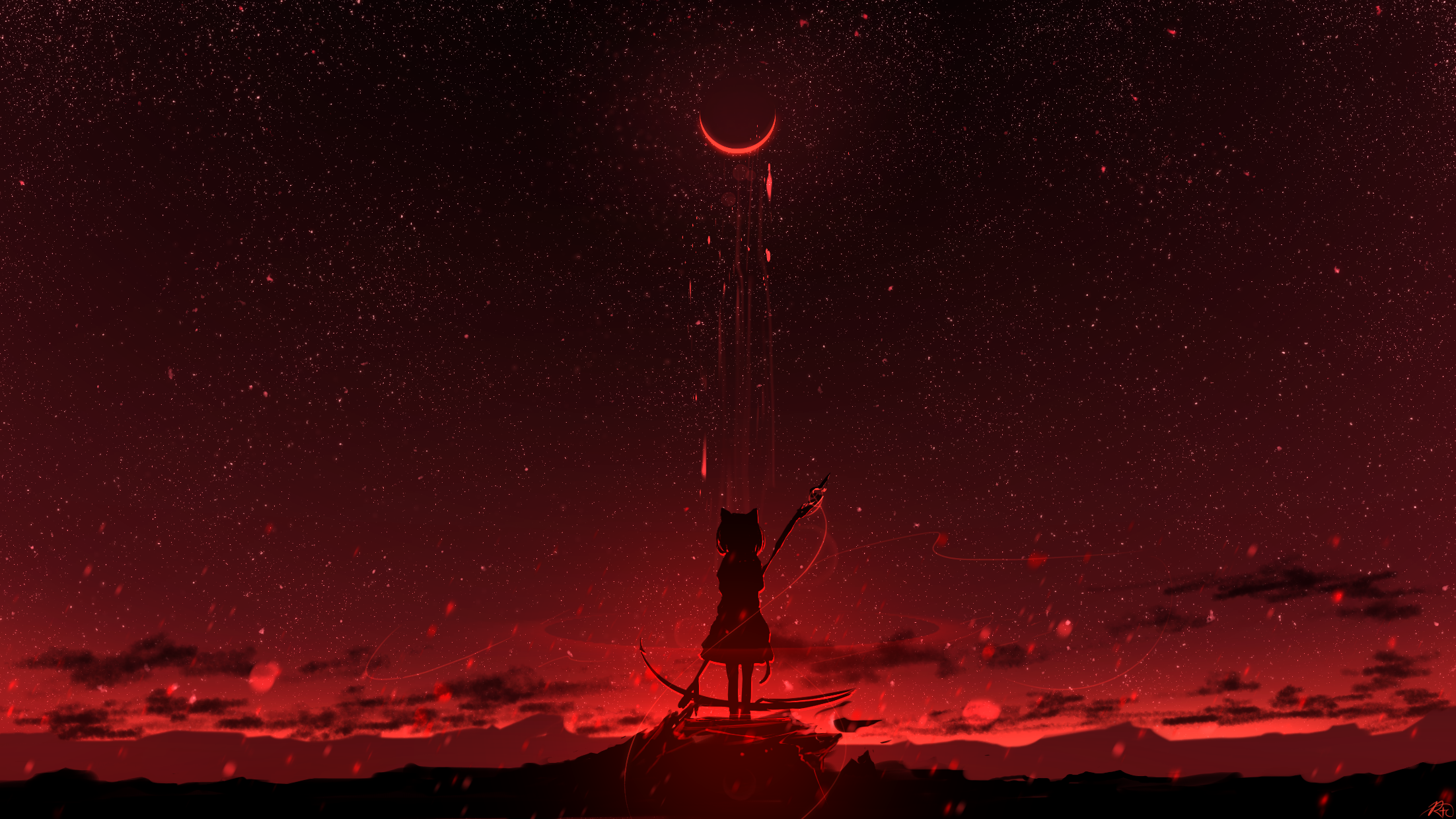 Anime girl with cat ears under a crescent moon HD Wallpaper