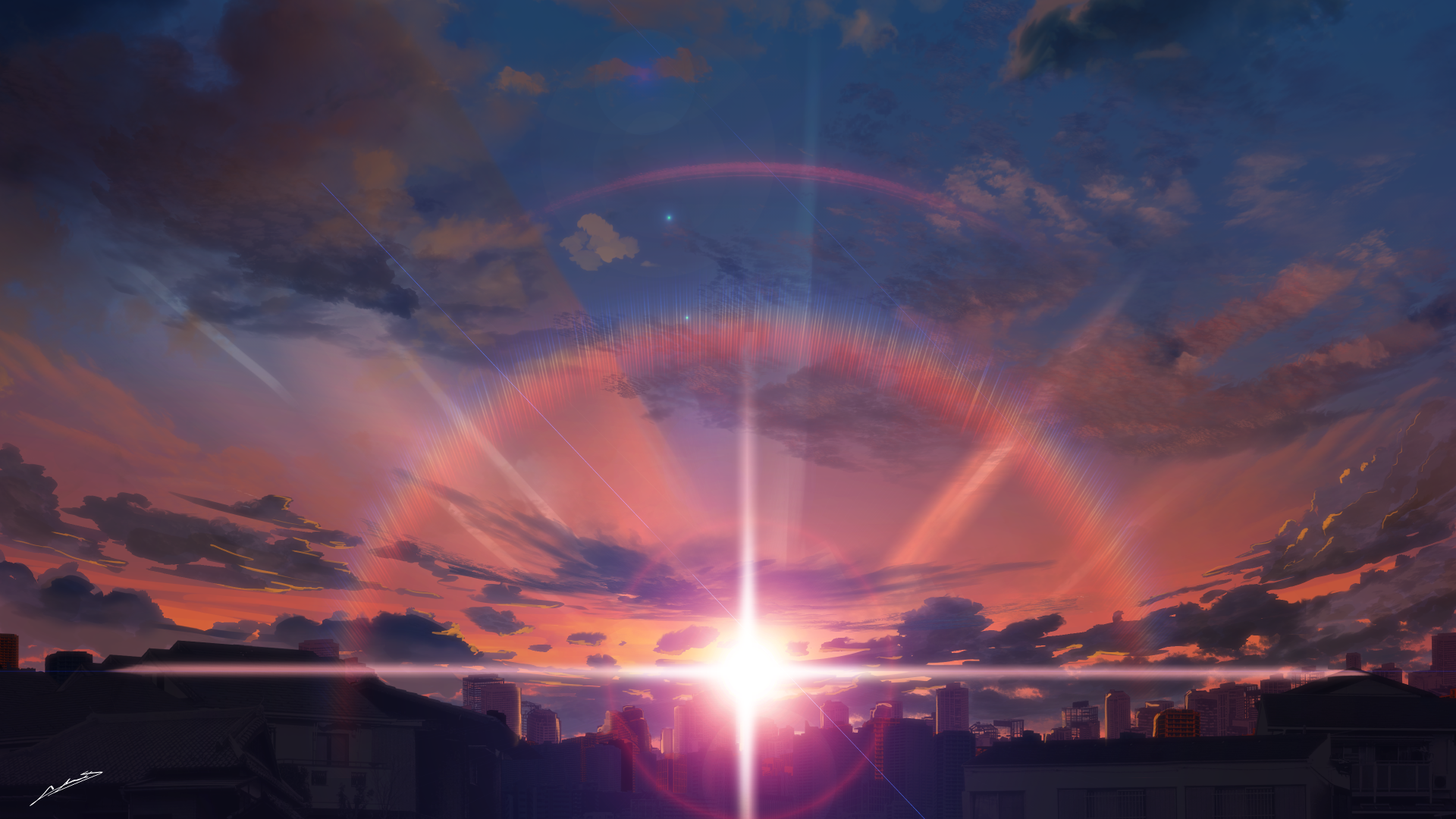 City skyline at sunrise with lens flare HD Wallpaper