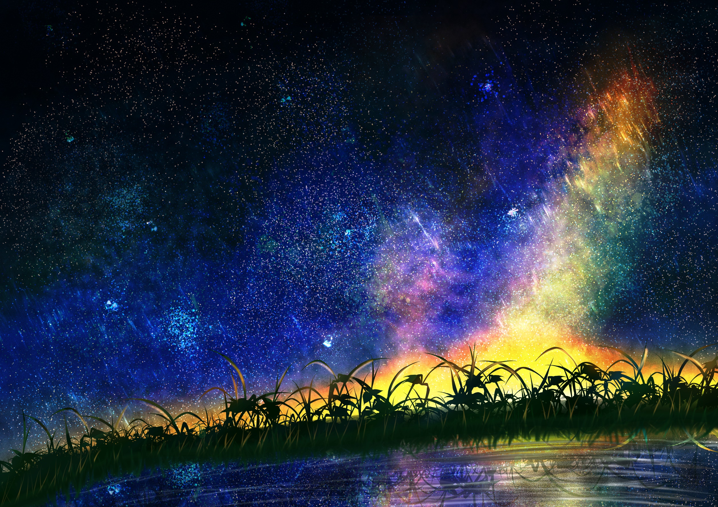 Night sky with stars and grass by water HD Wallpaper