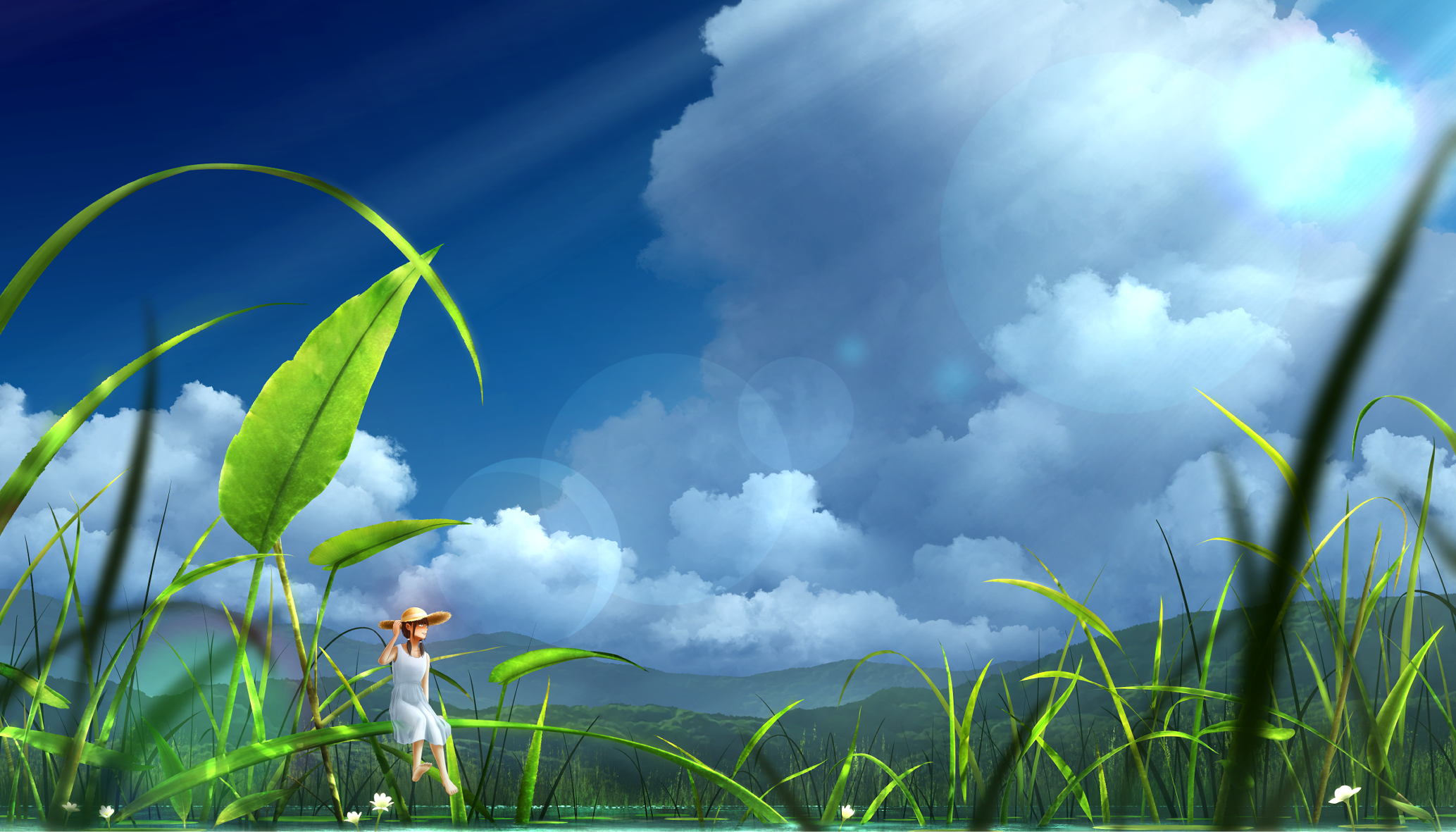 Girl in white dress sitting on grass by water HD Wallpaper