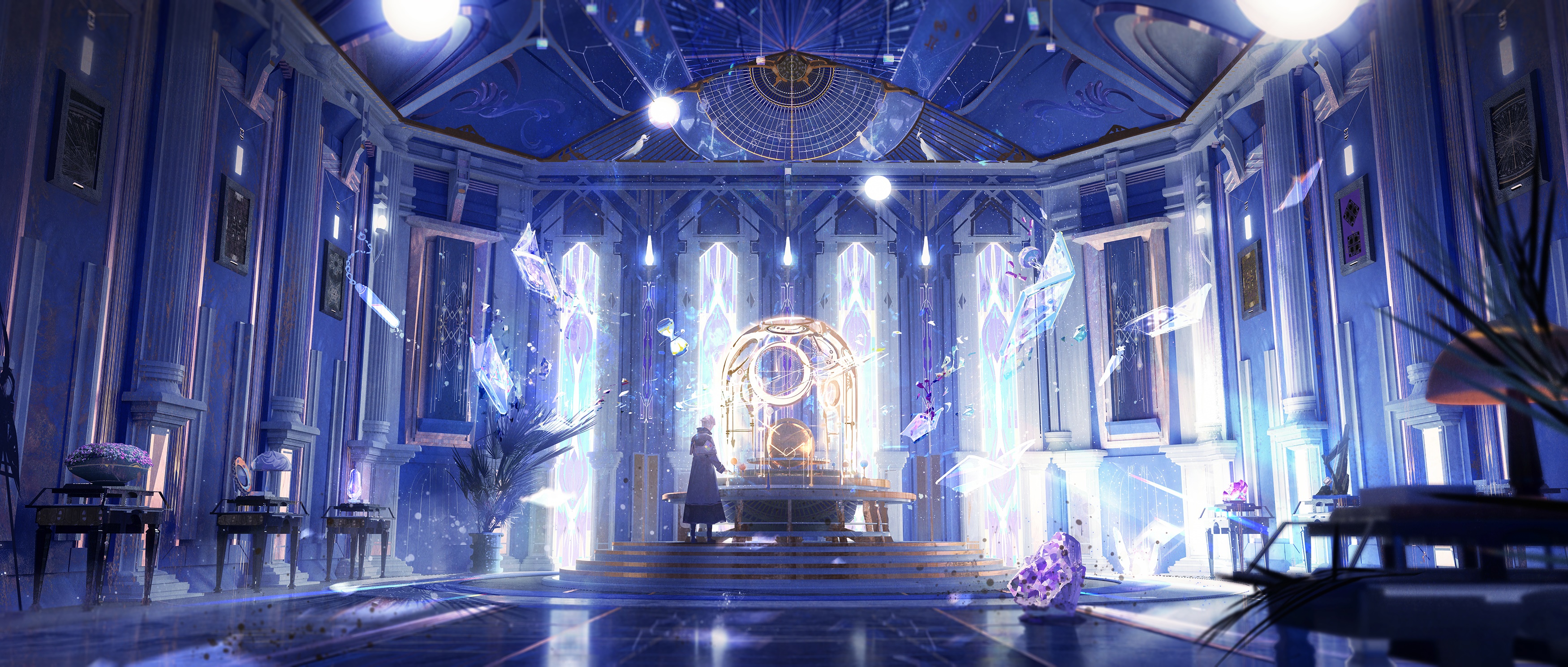 Futuristic room with glowing crystals and a central orb HD Wallpaper