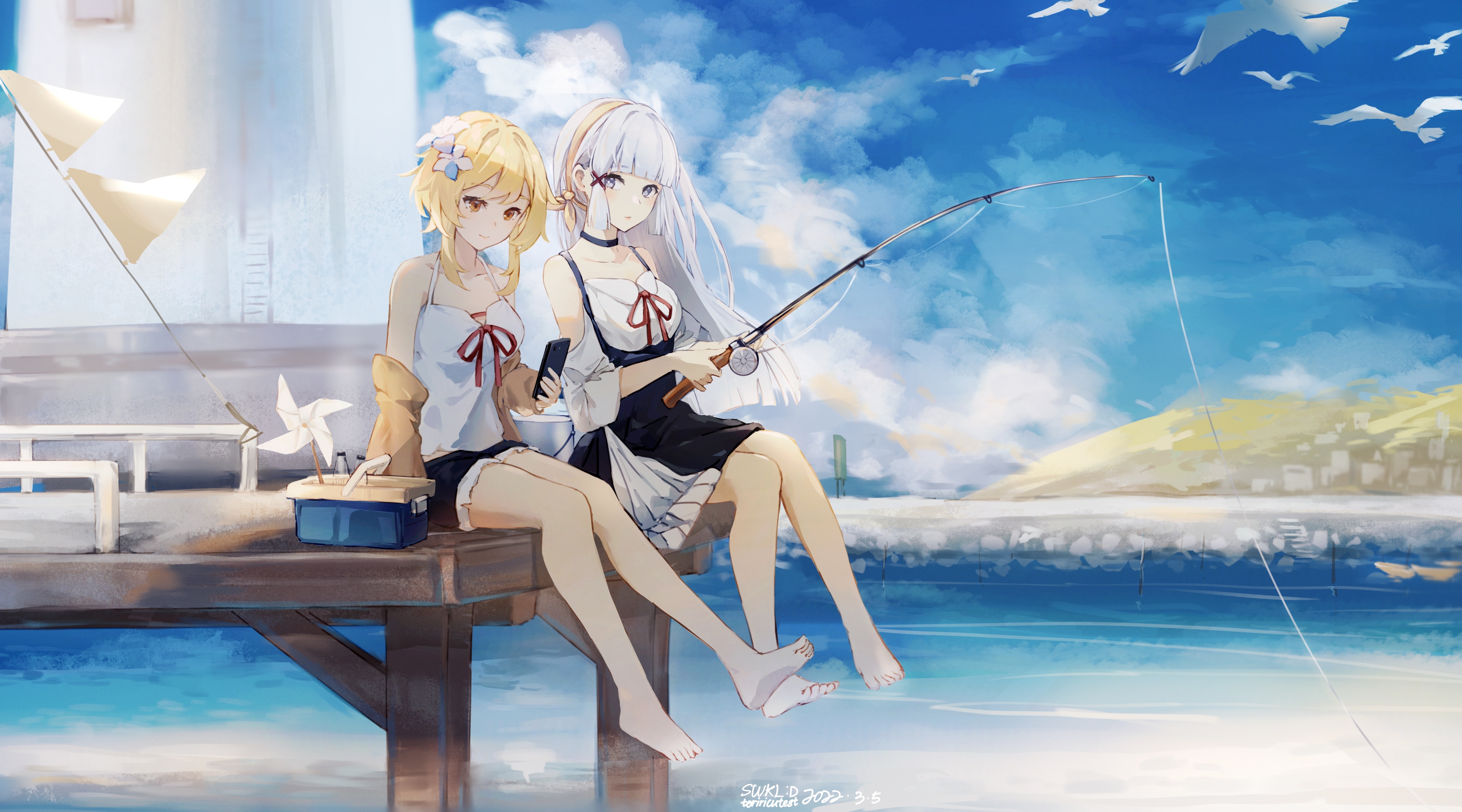 Lumine and Kamisato Ayaka fishing in Genshin Impact 4K HD Wallpaper