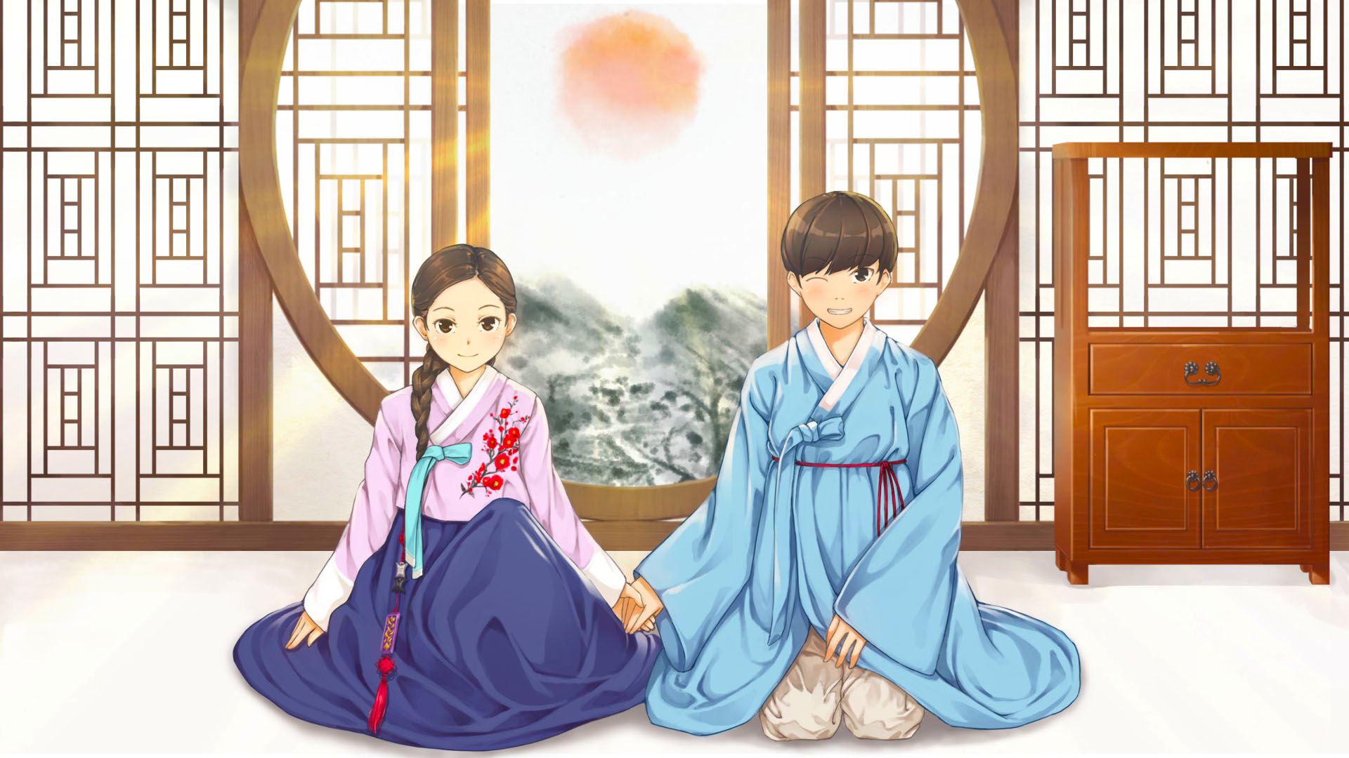 Couple in traditional Korean hanbok holding hands HD Wallpaper