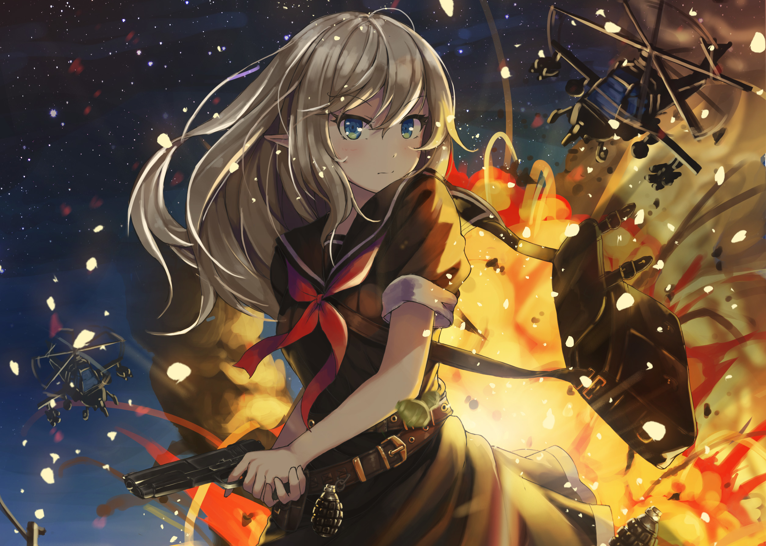 Anime girl with gun and grenades in warzone HD Wallpaper