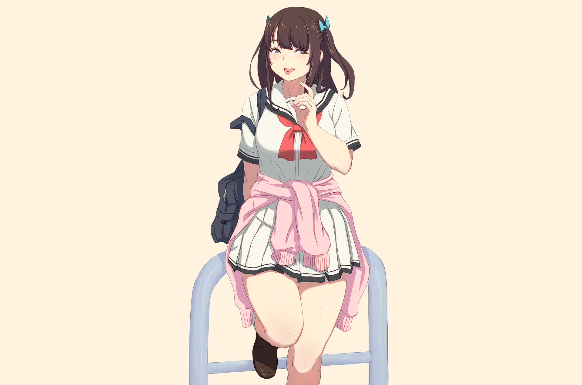 Anime girl in school uniform sitting on a railing HD Wallpaper