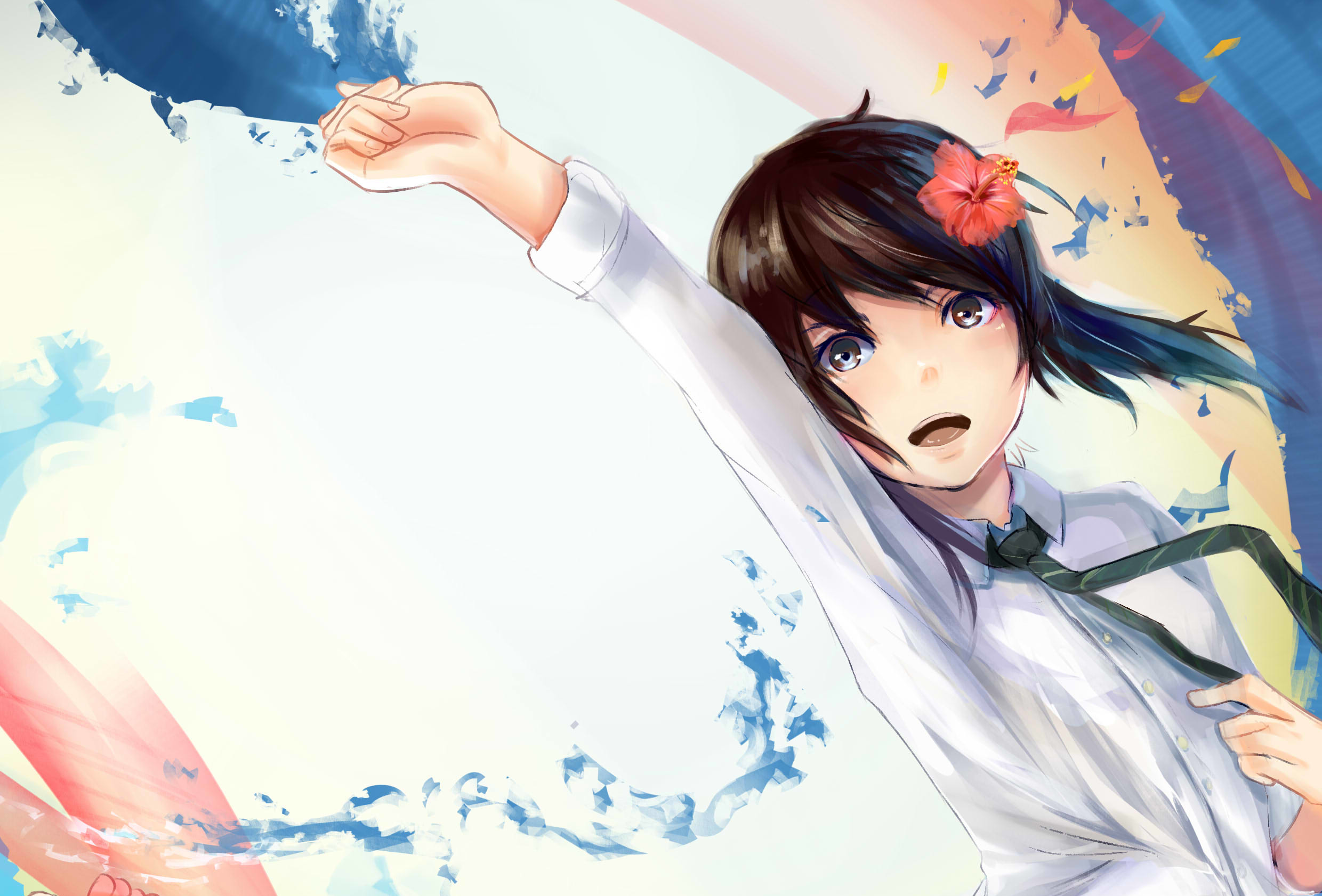 Anime girl with flower in hair and white shirt HD Wallpaper