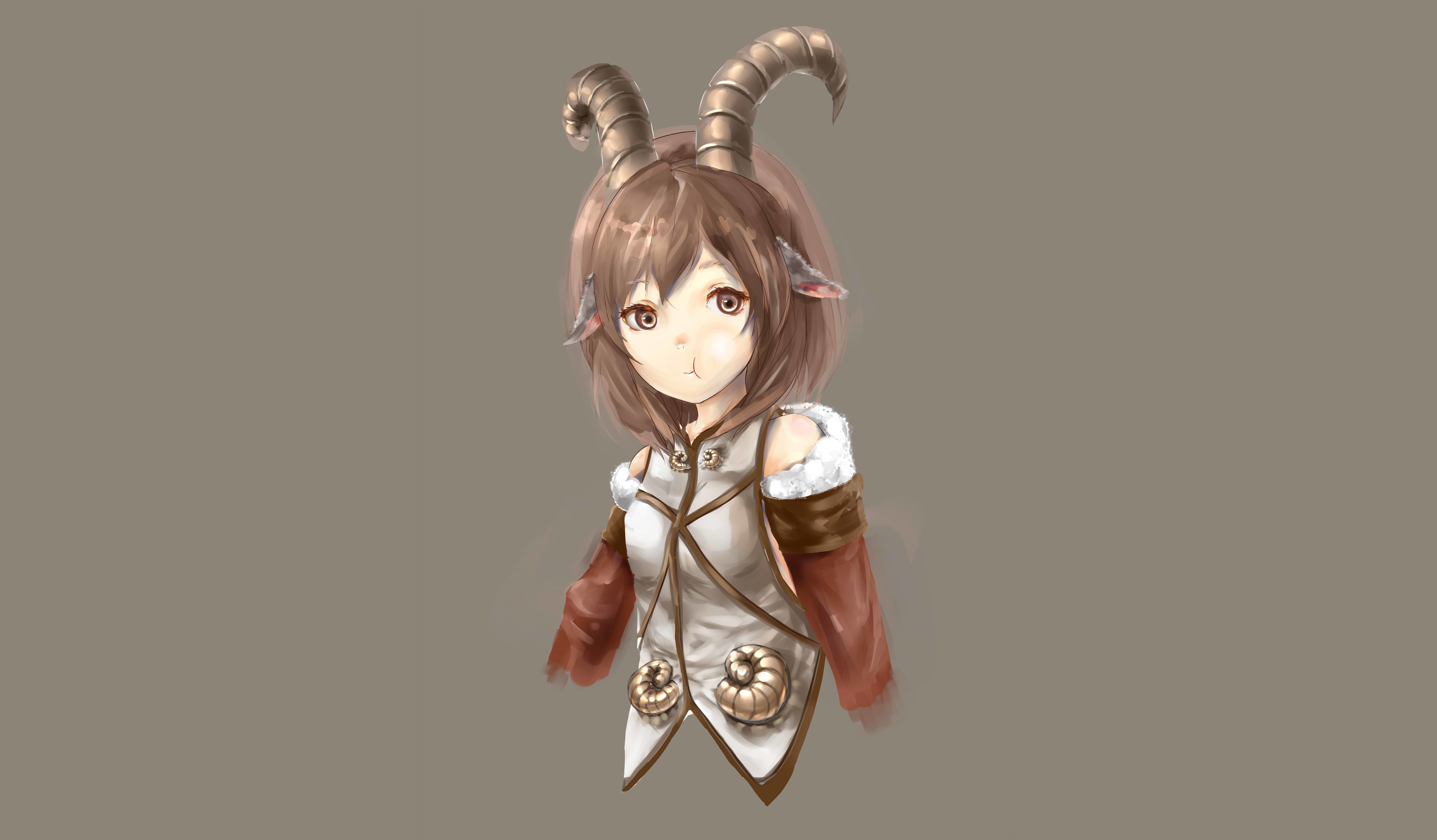 Anime girl with goat horns and fur trim outfit 4K HD Wallpaper