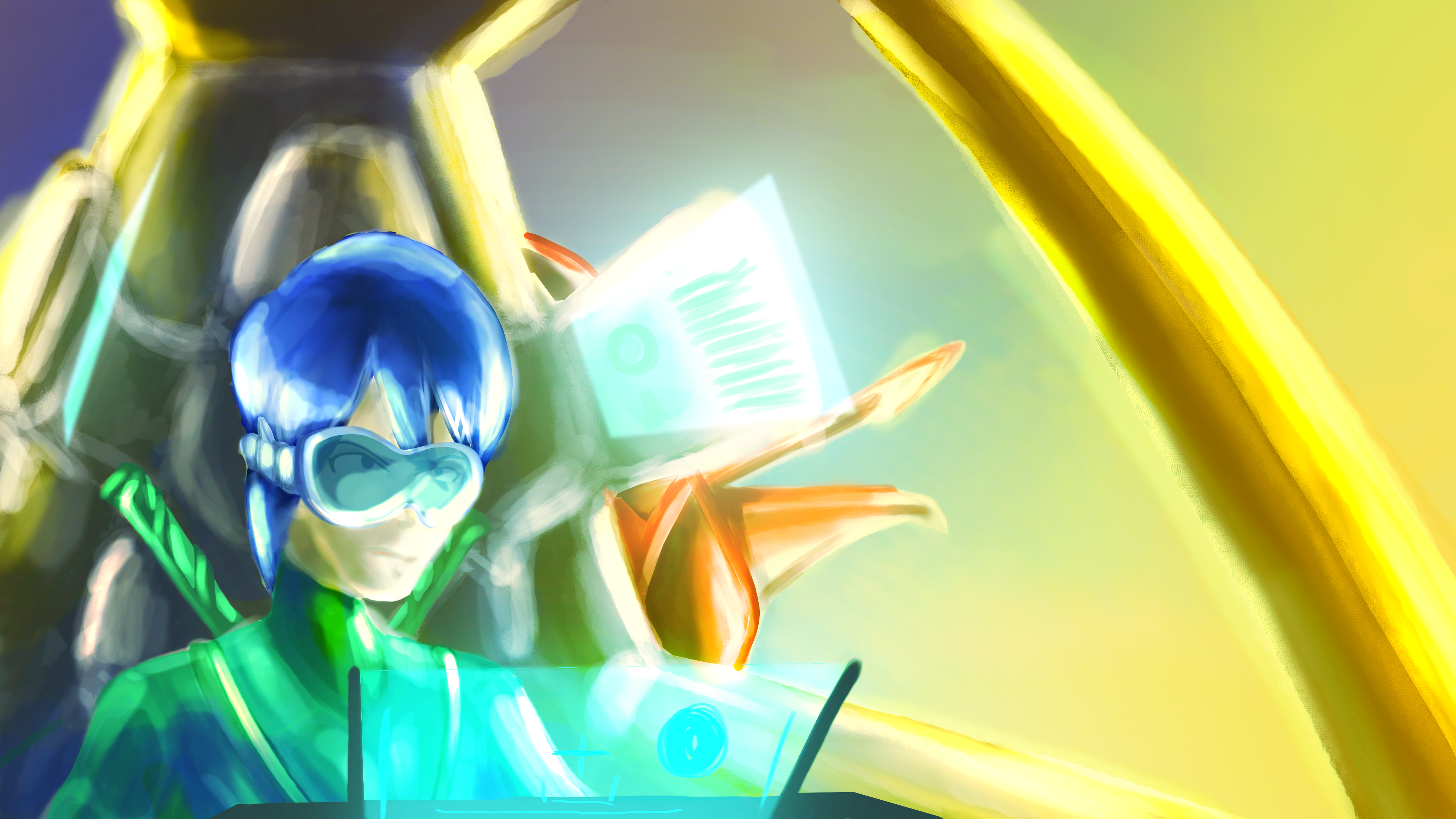 Person in futuristic suit with goggles and holographic displays HD Wallpaper